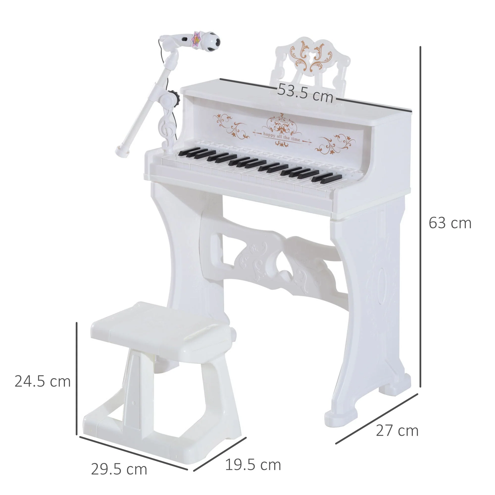 37 Keys Kids Piano Mini Electronic Keyboard Light Kids Musical Instrument Educational Game Children Grand Piano Toy Set w/Stool & Microphone & Music Stand White - Image 3