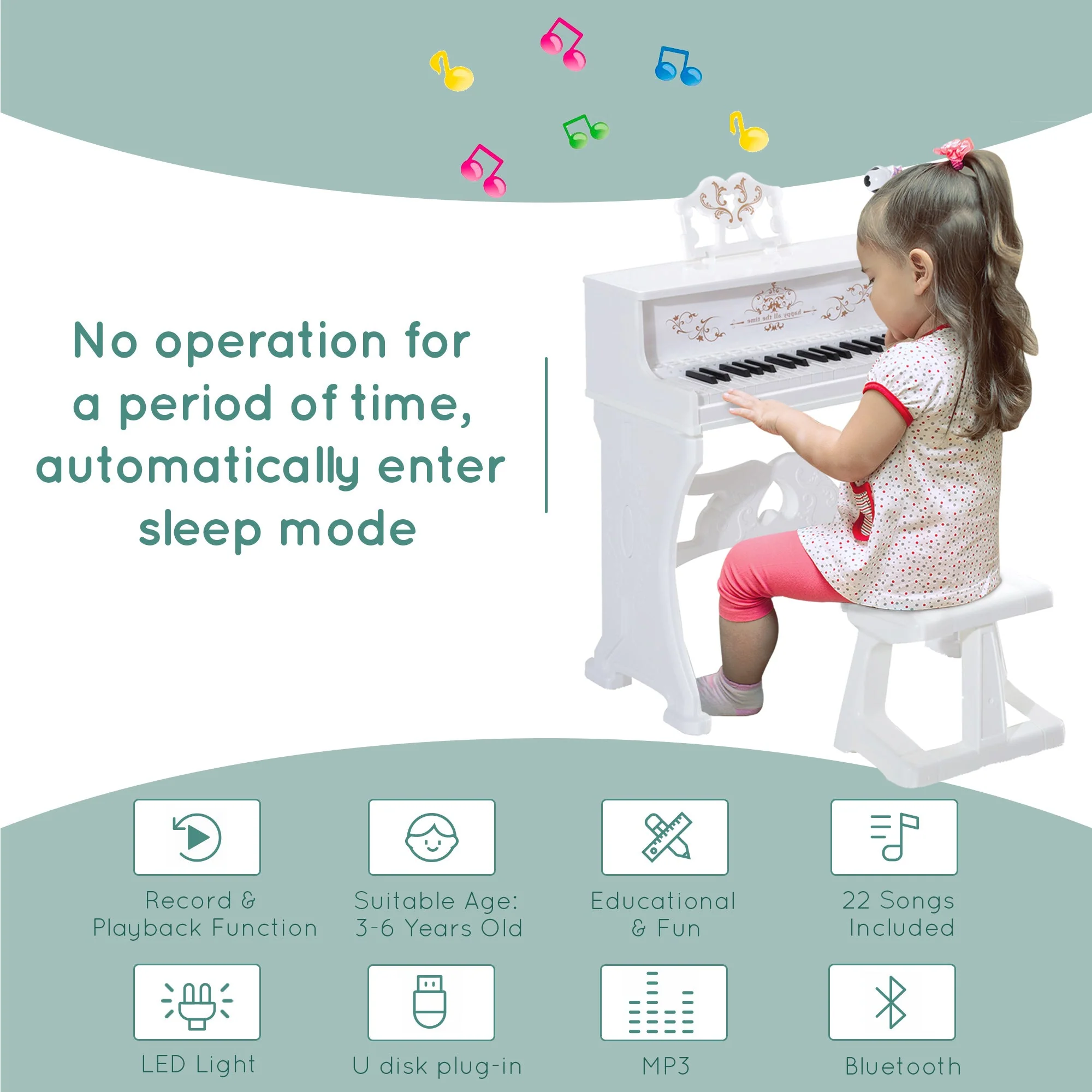 37 Keys Kids Piano Mini Electronic Keyboard Light Kids Musical Instrument Educational Game Children Grand Piano Toy Set w/Stool & Microphone & Music Stand White - Image 5