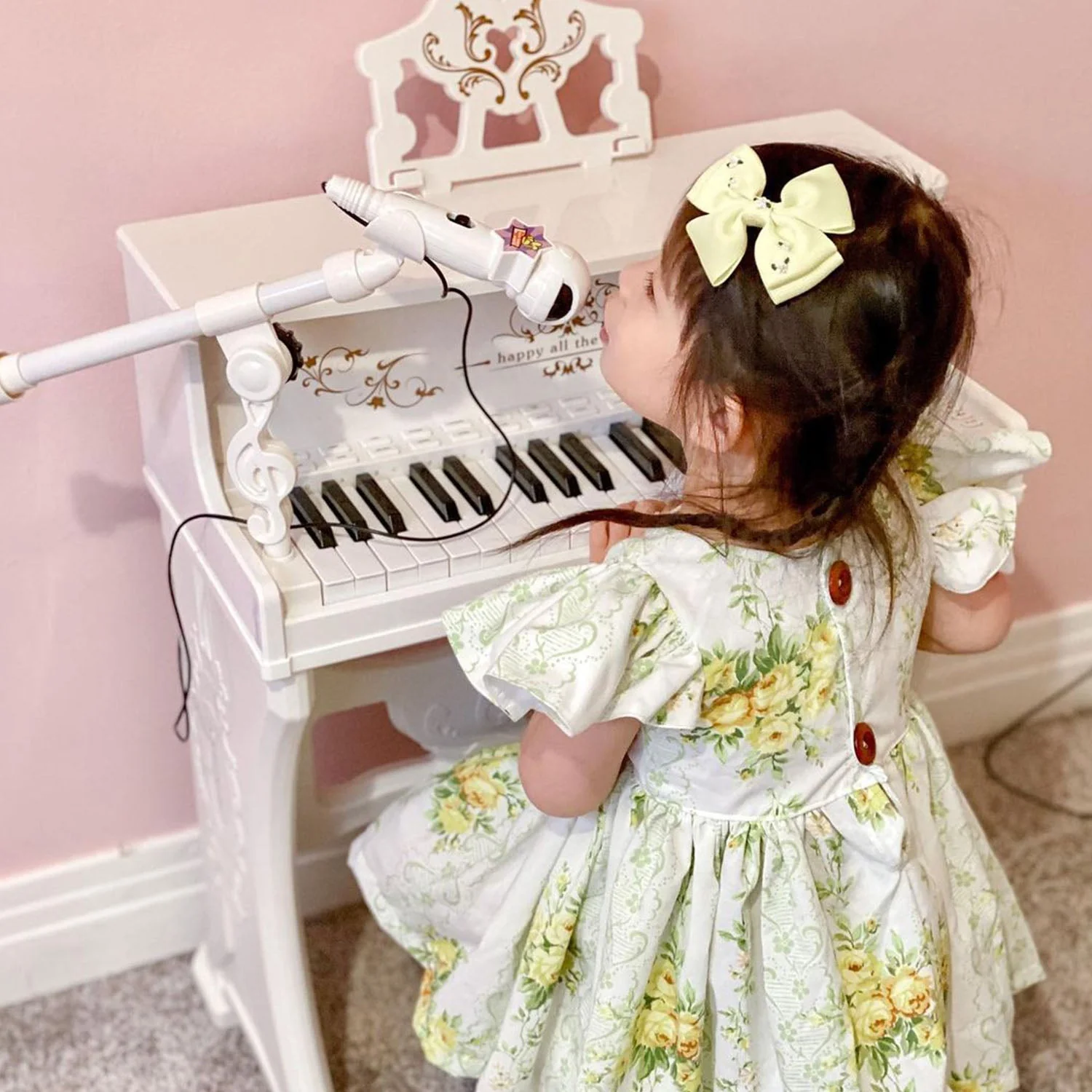 37 Keys Kids Piano Mini Electronic Keyboard Light Kids Musical Instrument Educational Game Children Grand Piano Toy Set w/Stool & Microphone & Music Stand White - Image 7
