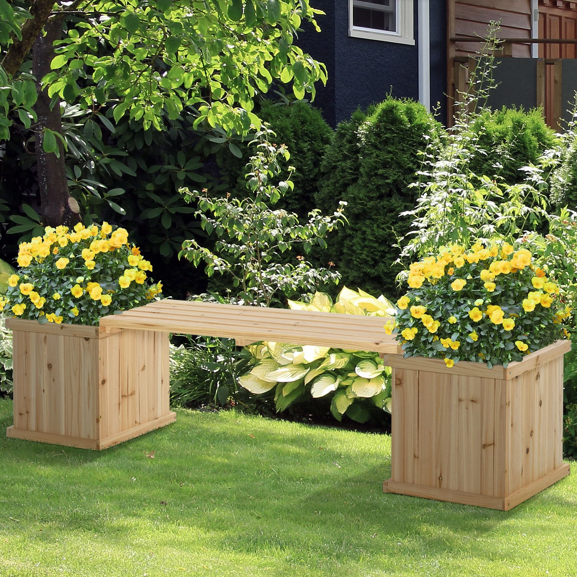 37L Wooden Garden Planter & Bench Combination Garden Raised Bed Patio Park Natural 176 x 38 x 40 cm - Image 2