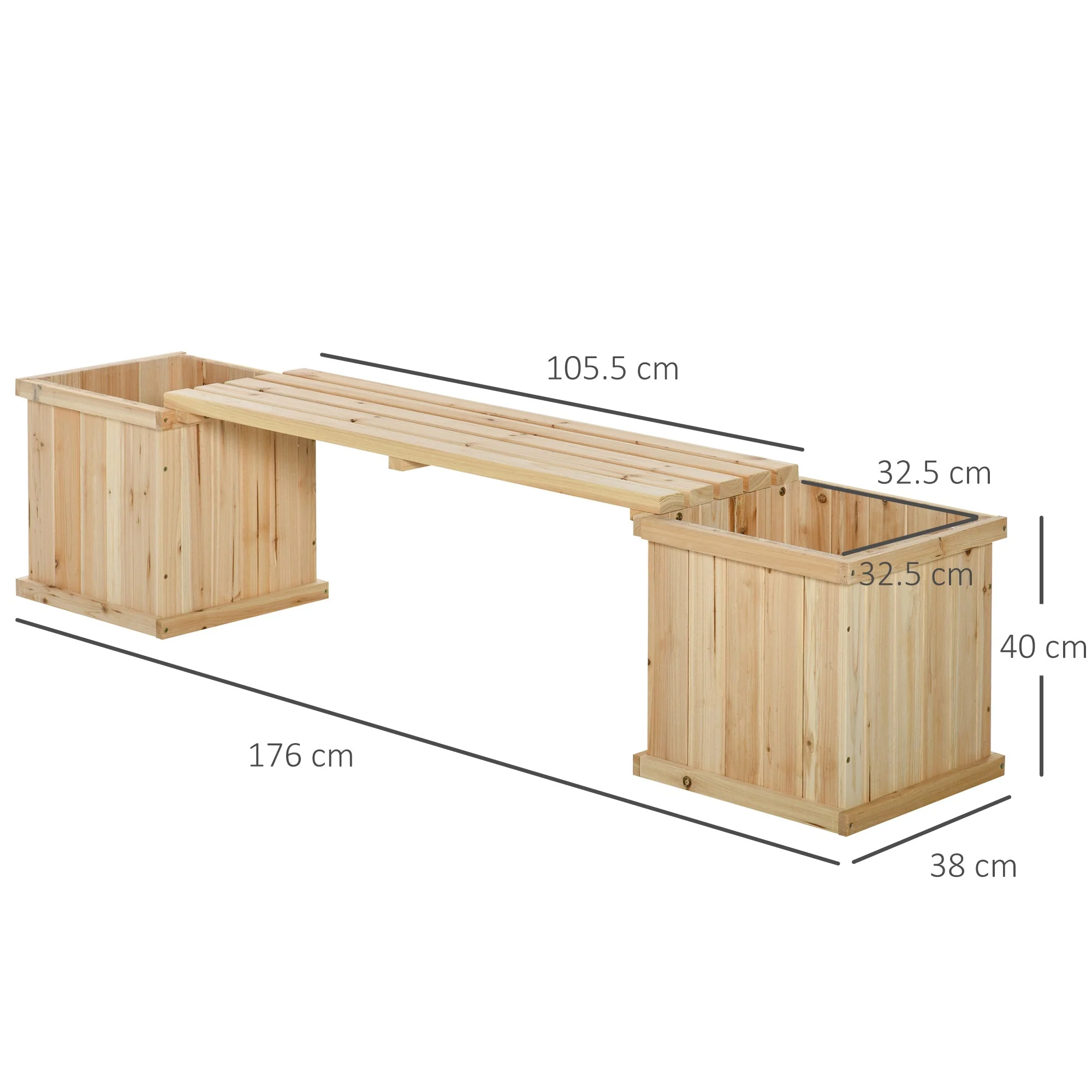 37L Wooden Garden Planter & Bench Combination Garden Raised Bed Patio Park Natural 176 x 38 x 40 cm - Image 3