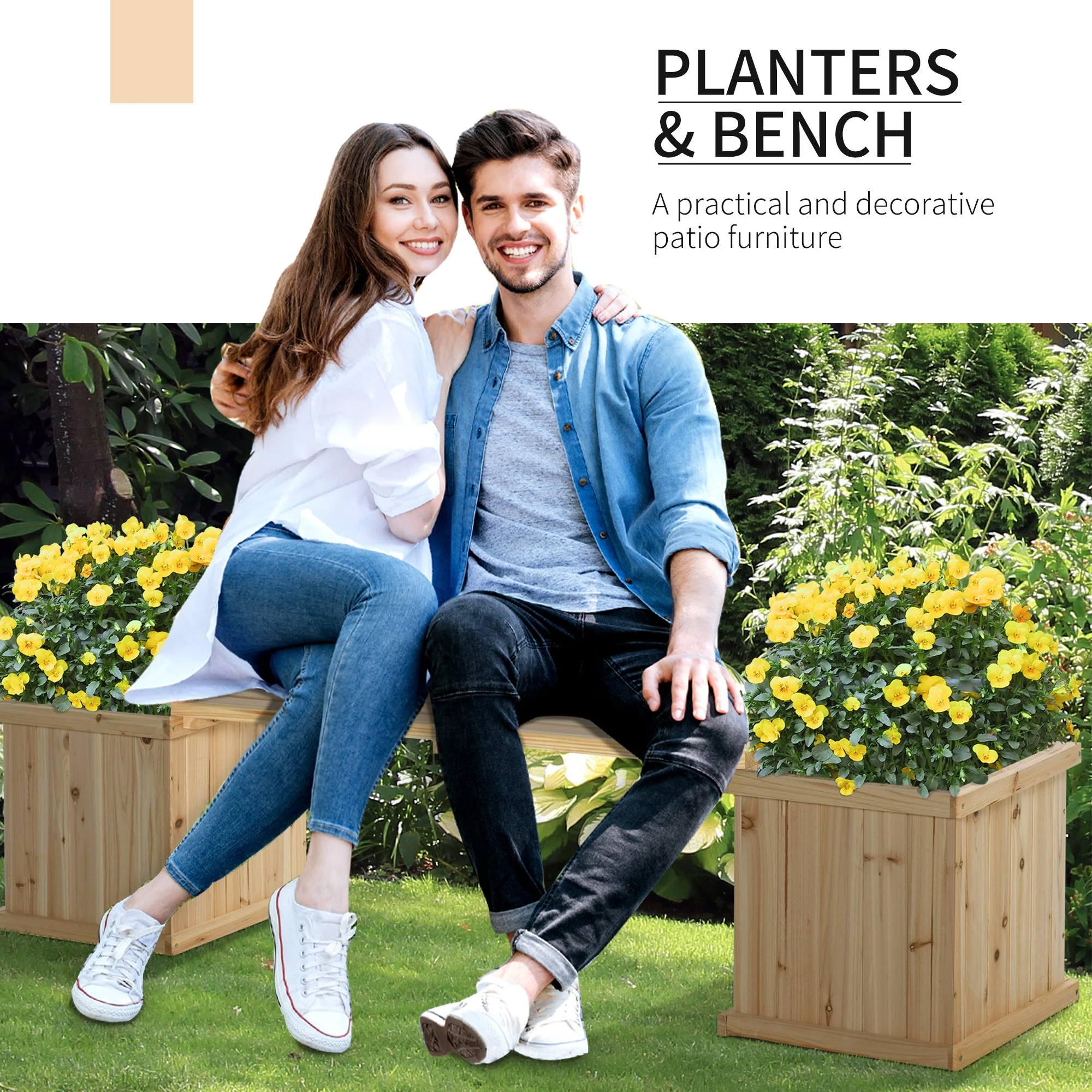 37L Wooden Garden Planter & Bench Combination Garden Raised Bed Patio Park Natural 176 x 38 x 40 cm - Image 4