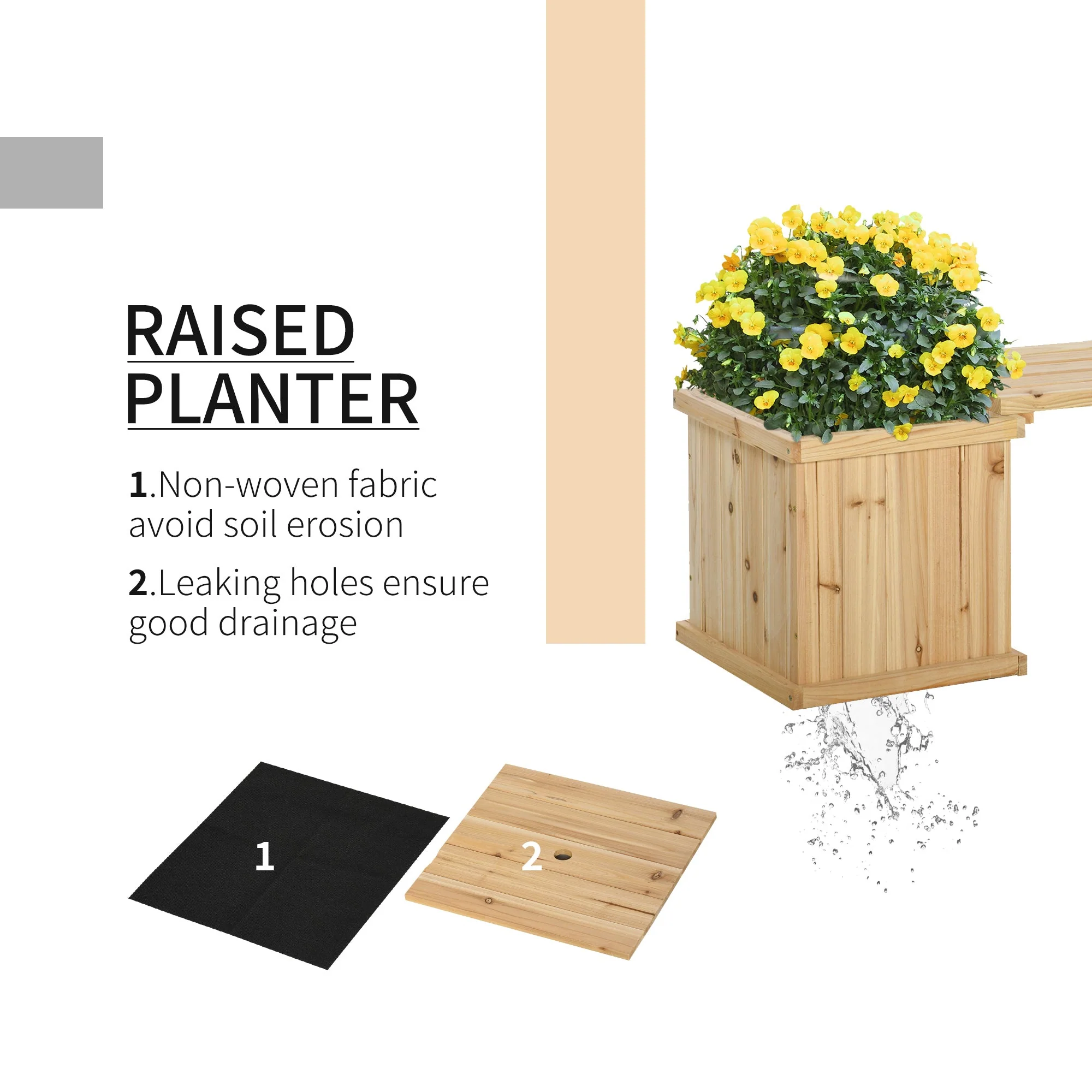 37L Wooden Garden Planter & Bench Combination Garden Raised Bed Patio Park Natural 176 x 38 x 40 cm - Image 5