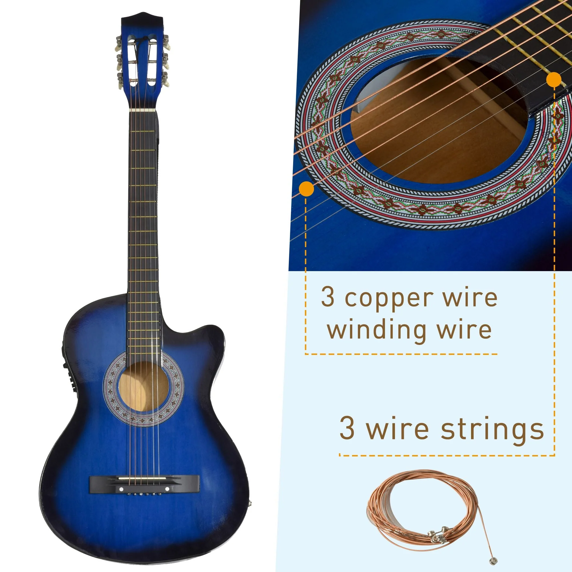 38" Beginners Basswood Acoustic Guitar Blue - Image 4