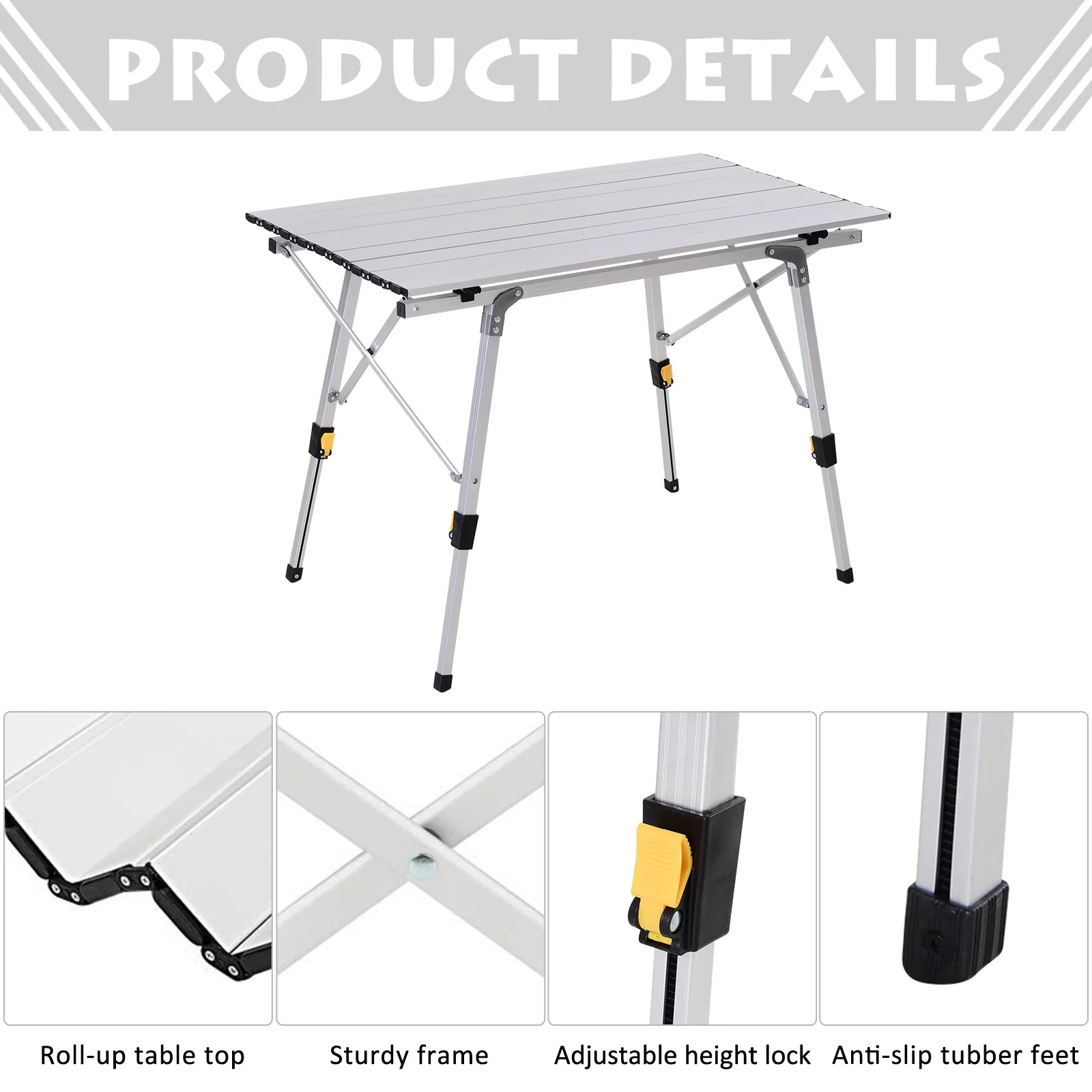 3FT Folding Aluminium Picnic Table Portable Camping Table Roll Up Top with Carrying Bag Silver - Image 6