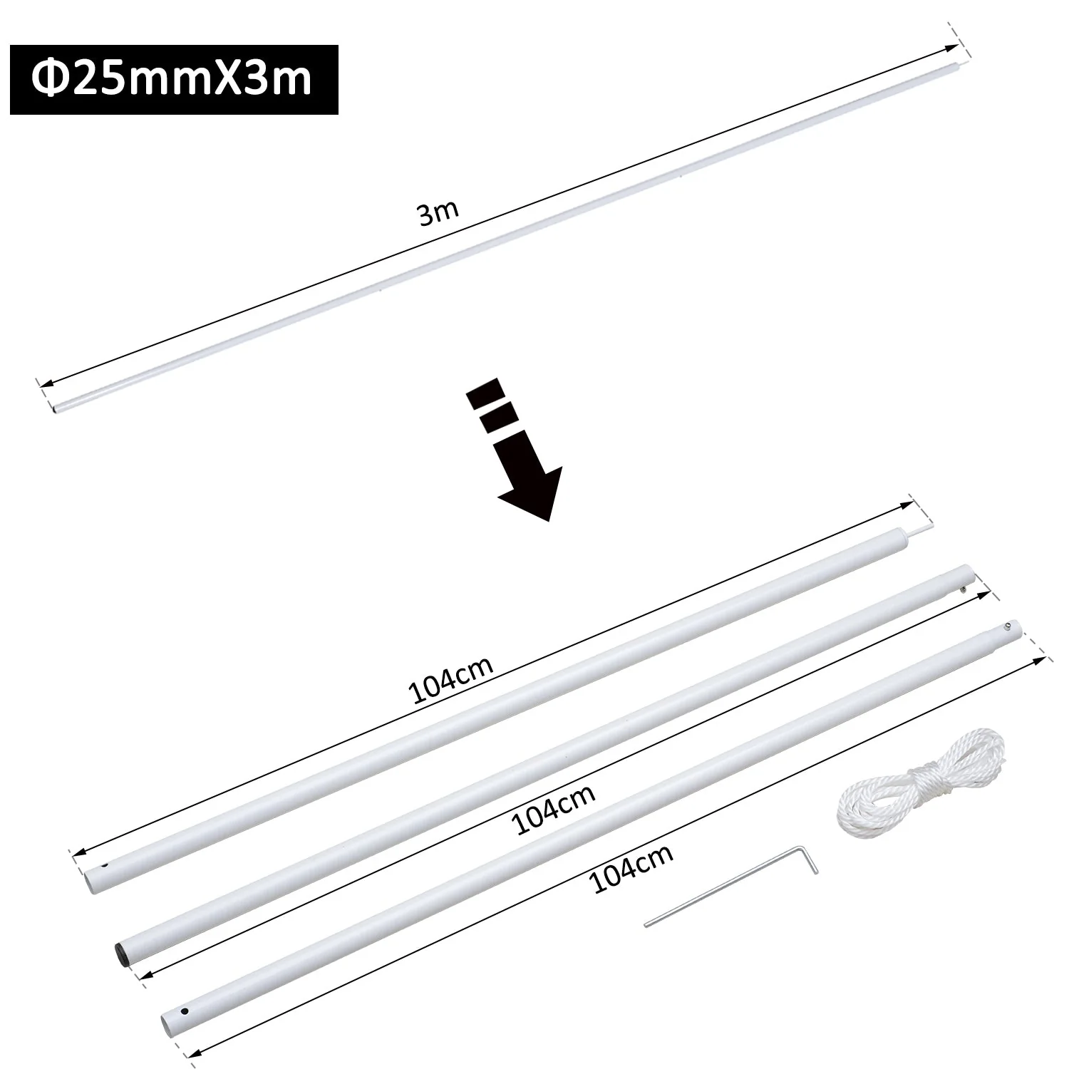 3M Awning Sail Shade Canopy Pole Kit Adjustable Pole With Rope Metal - White - Image 3