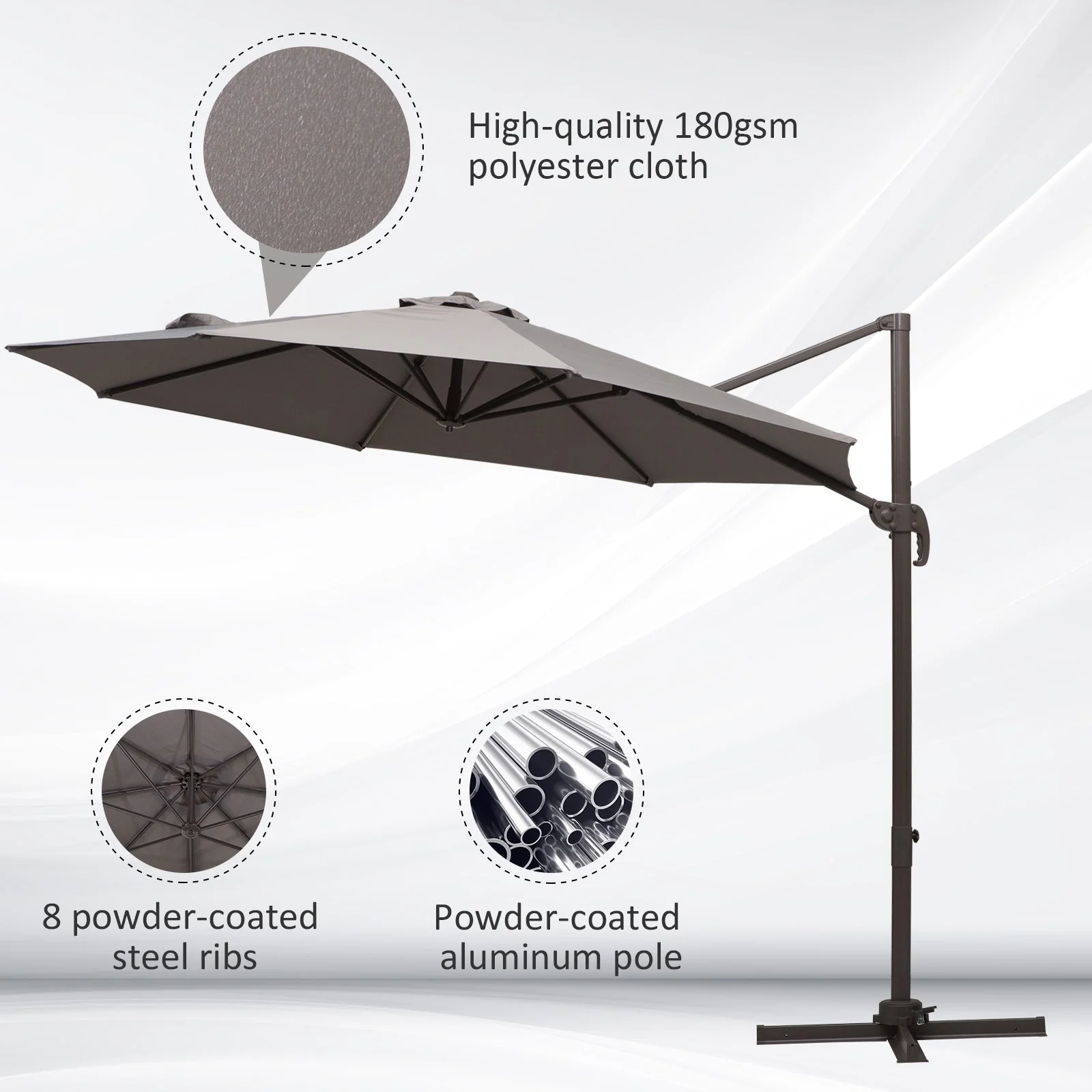 3m Cantilever Aluminium Frame Outdoor Garden Parasol Grey - Image 6