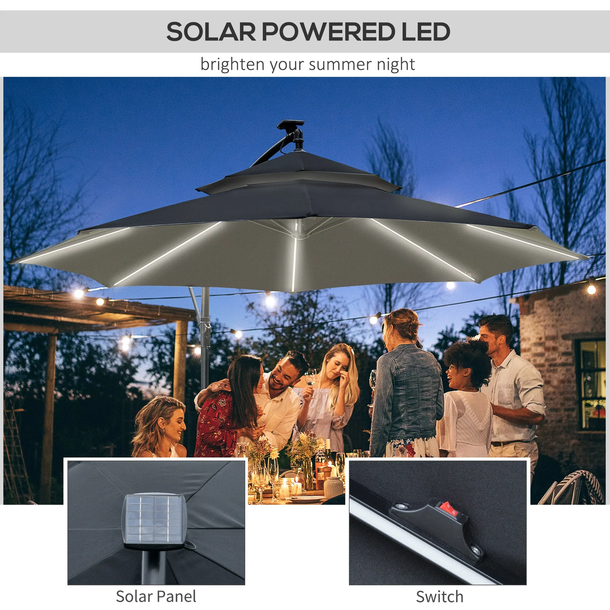 3M Cantilever Banana Parasol Hanging Umbrella with LED Solar lights - Image 3