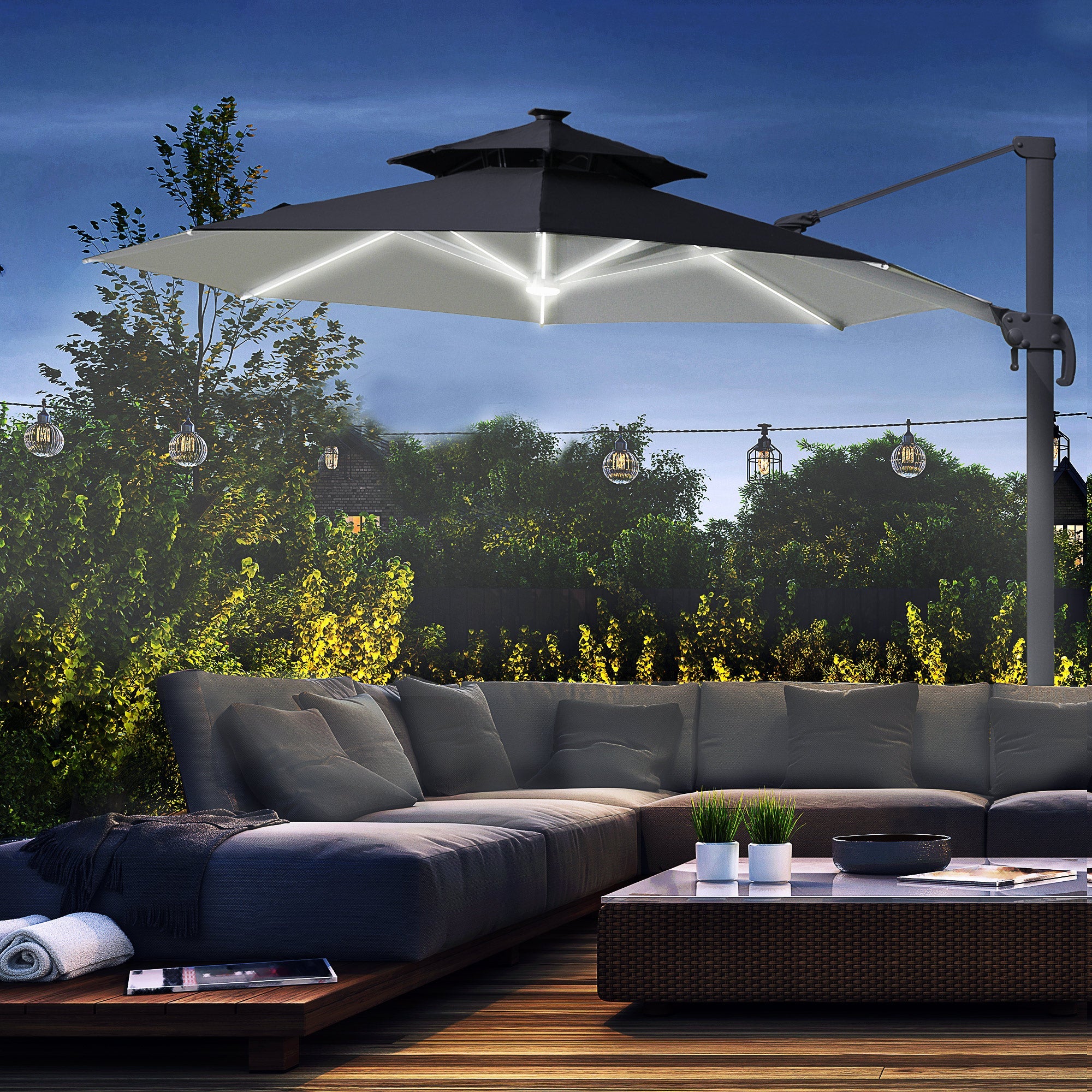 3m Cantilever Parasol w/ Solar Lights Power Bank Base 360° Spin Dark Grey - Image 2