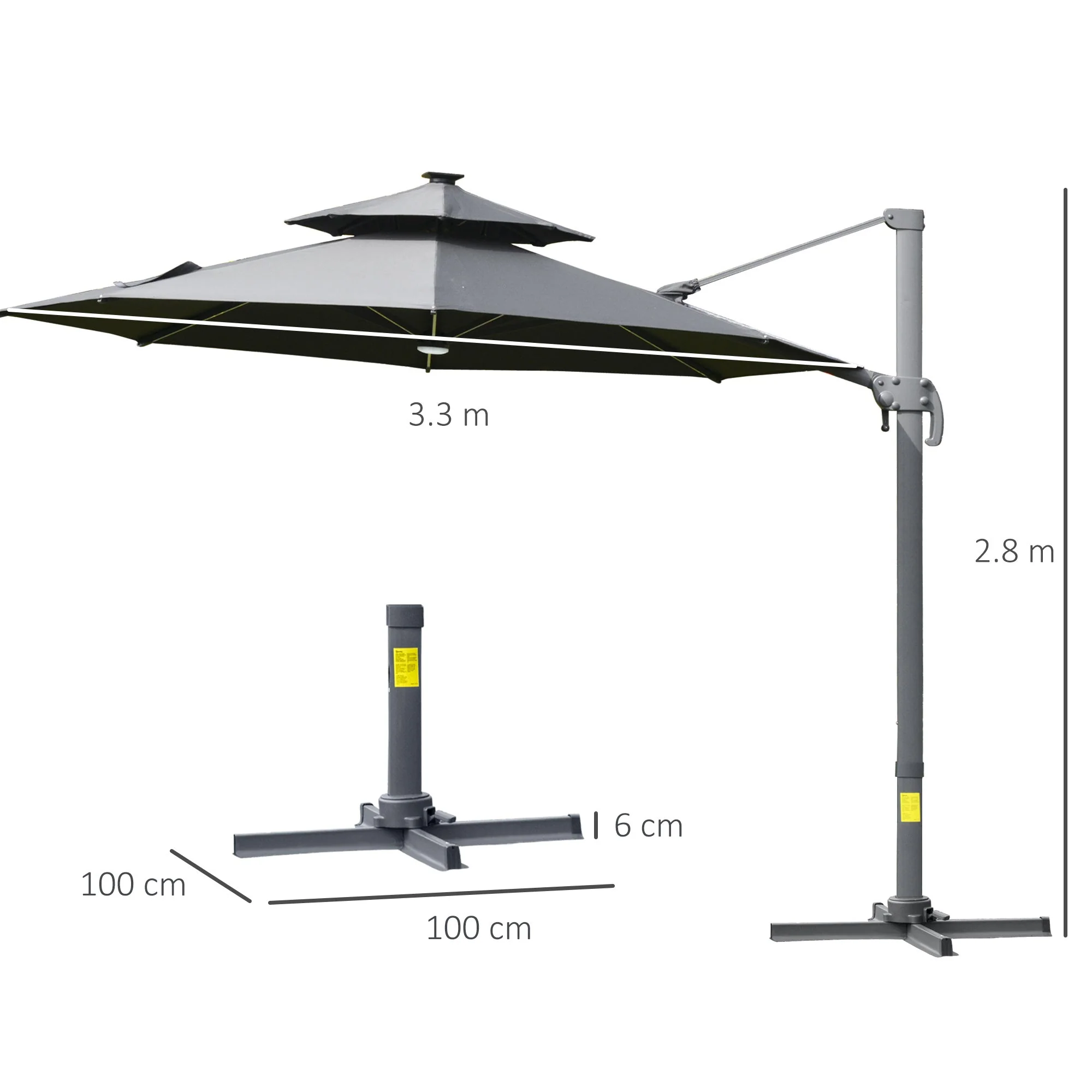 3m Cantilever Parasol w/ Solar Lights Power Bank Base 360° Spin Dark Grey - Image 3