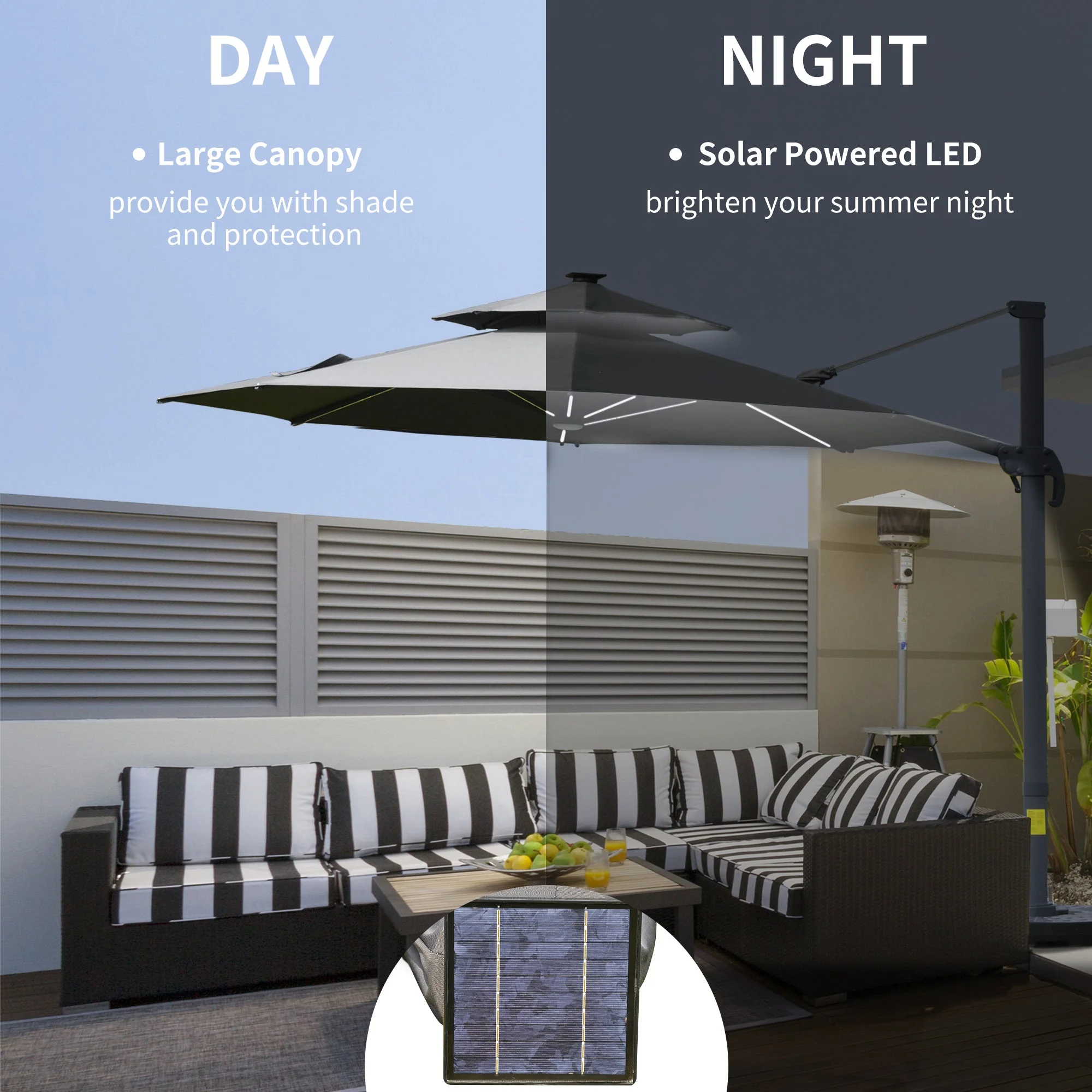 3m Cantilever Parasol w/ Solar Lights Power Bank Base 360° Spin Dark Grey - Image 4