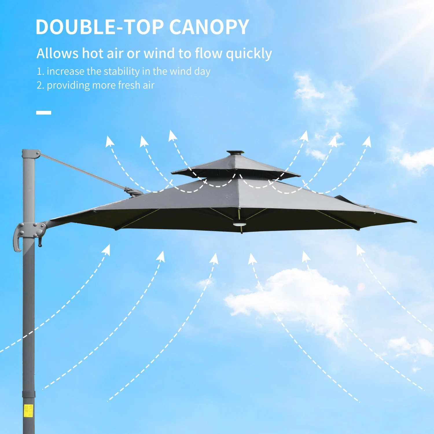 3m Cantilever Parasol w/ Solar Lights Power Bank Base 360° Spin Dark Grey - Image 7