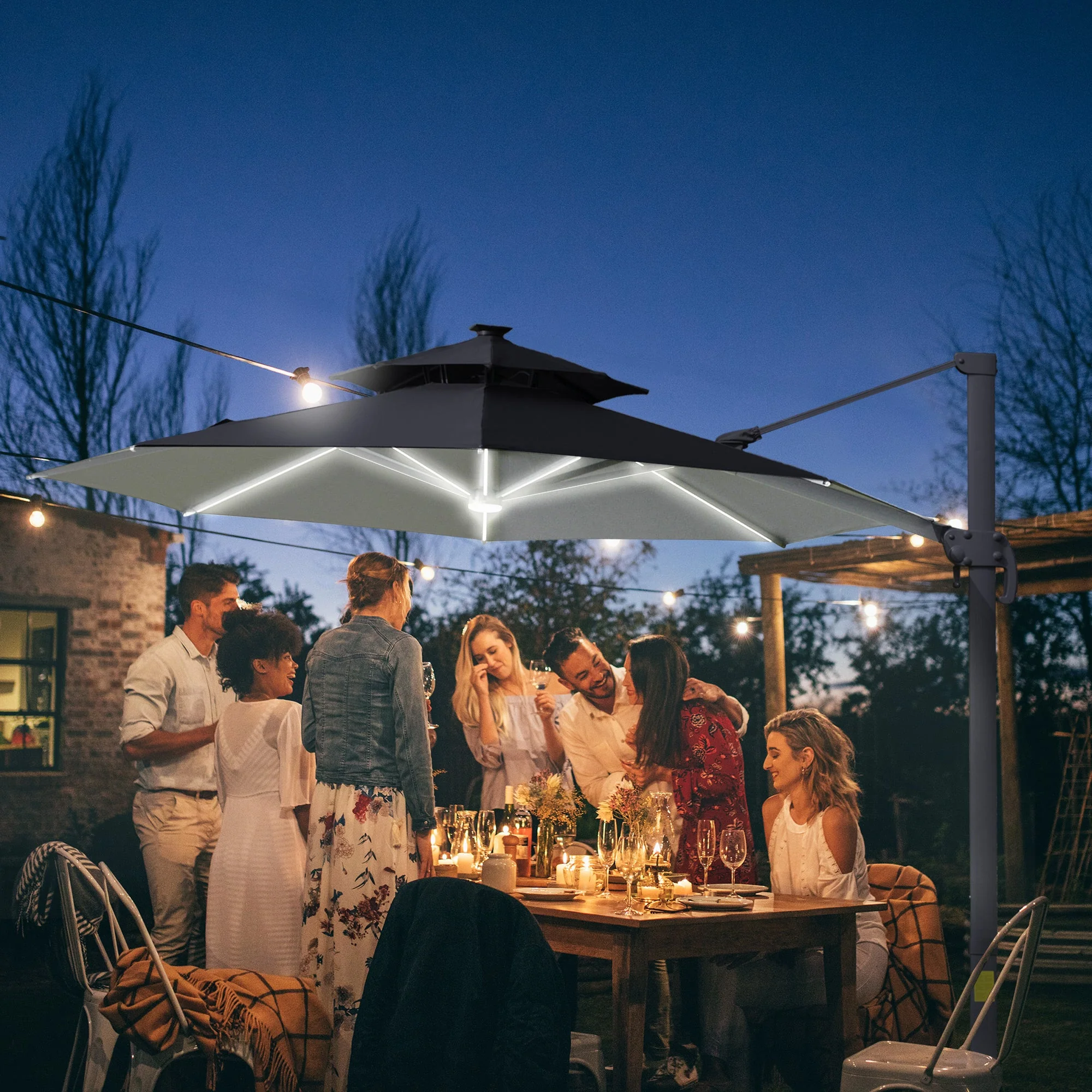 3m Cantilever Parasol w/ Solar Lights Power Bank Base 360° Spin Dark Grey - Image 9