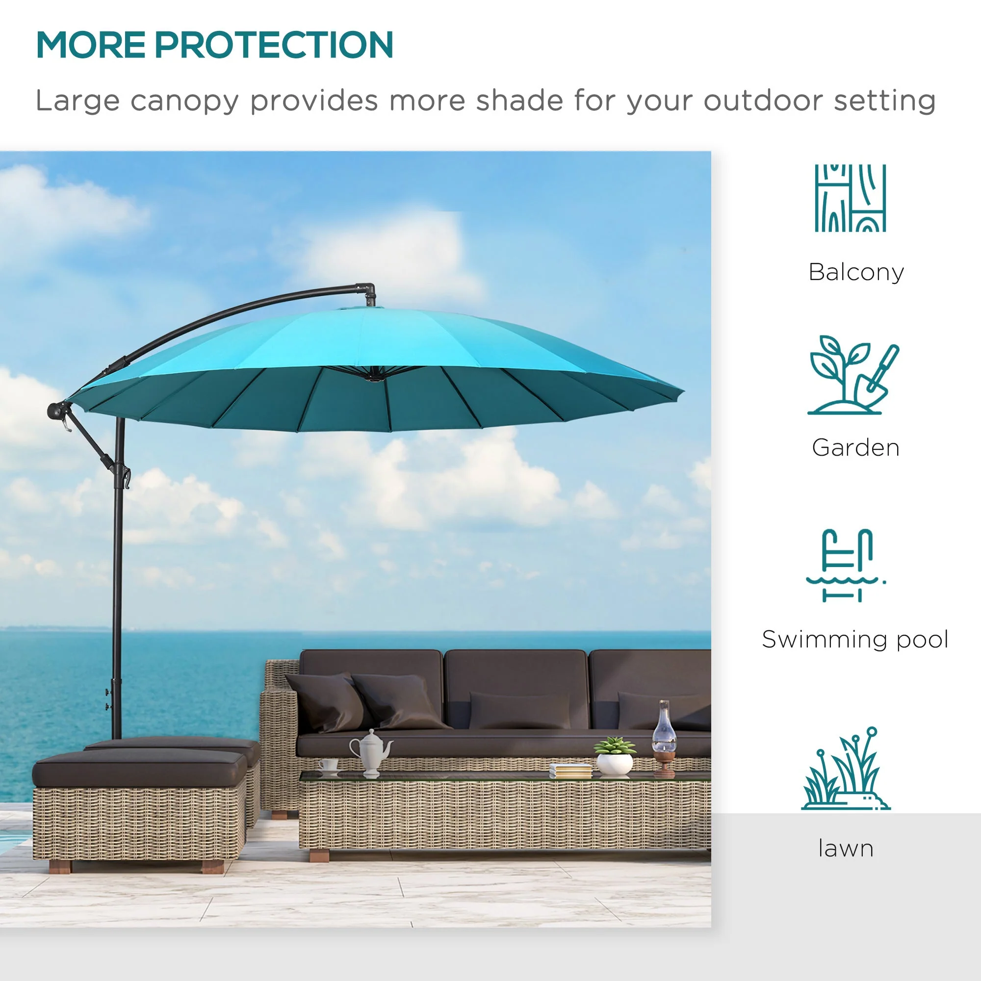 3M Cantilever Umbrella 18 Ribs & Vents Adjustable Angle for Patio Green - Image 5