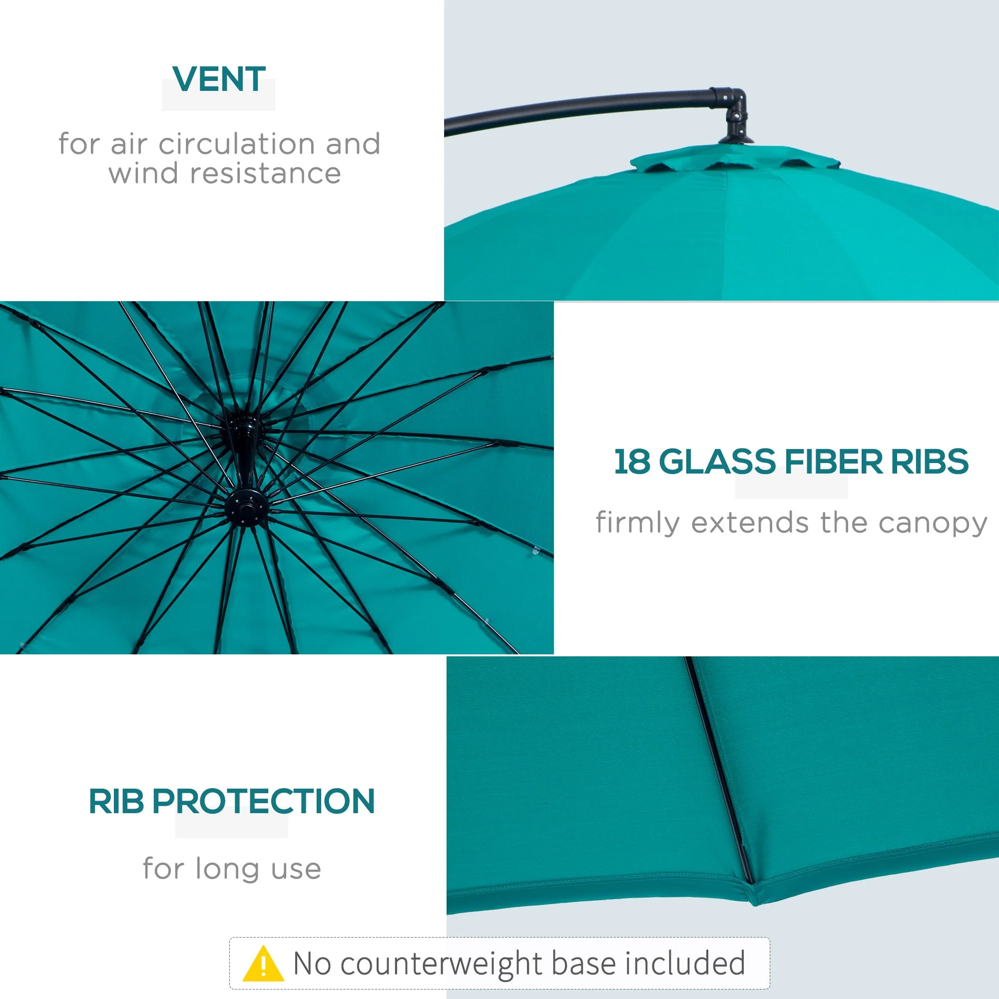 3M Cantilever Umbrella 18 Ribs & Vents Adjustable Angle for Patio Green - Image 6