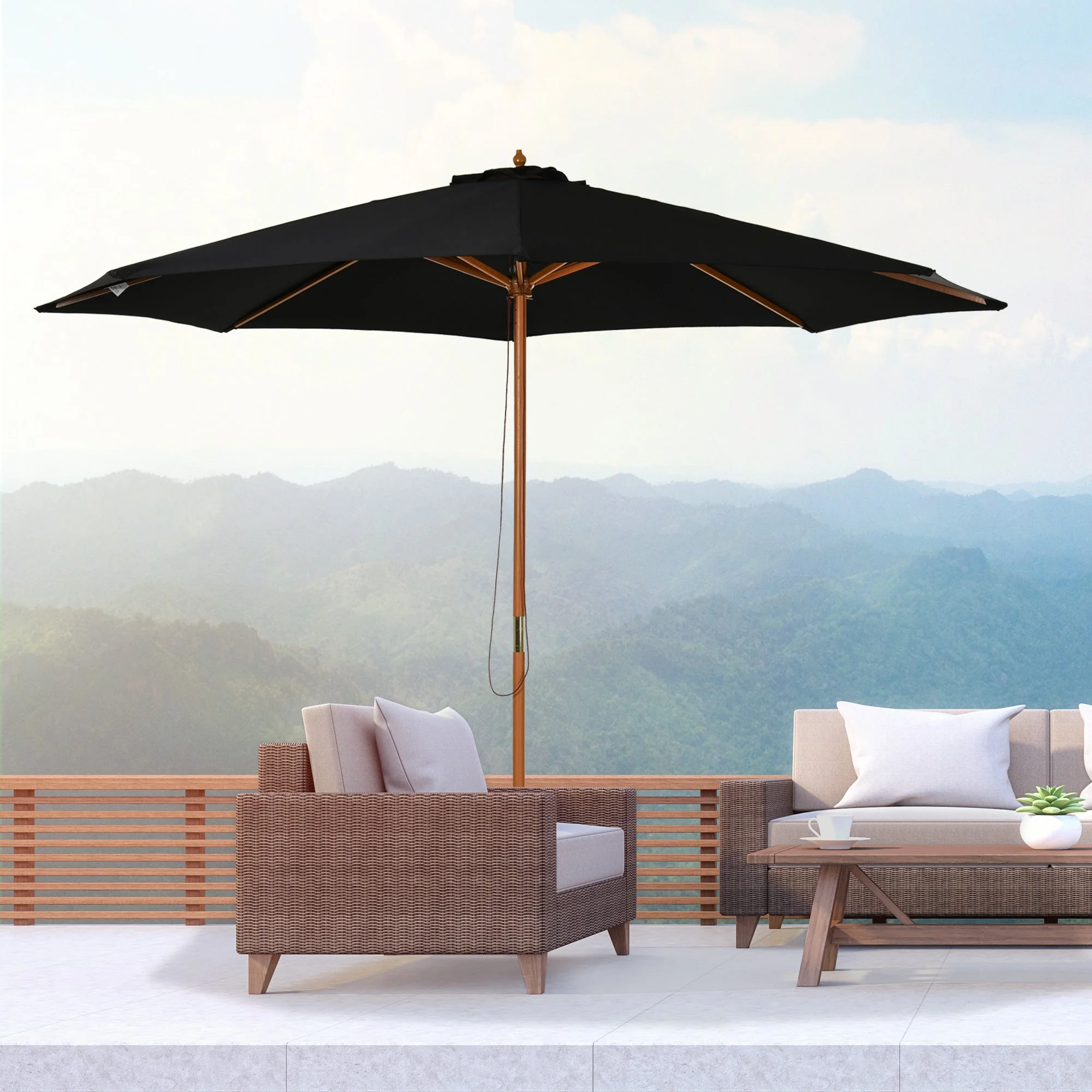 3M Fir Wooden Parasol Garden Umbrellas 8 Ribs Bamboo Sun Shade Patio Outdoor Umbrella Canopy - Image 2