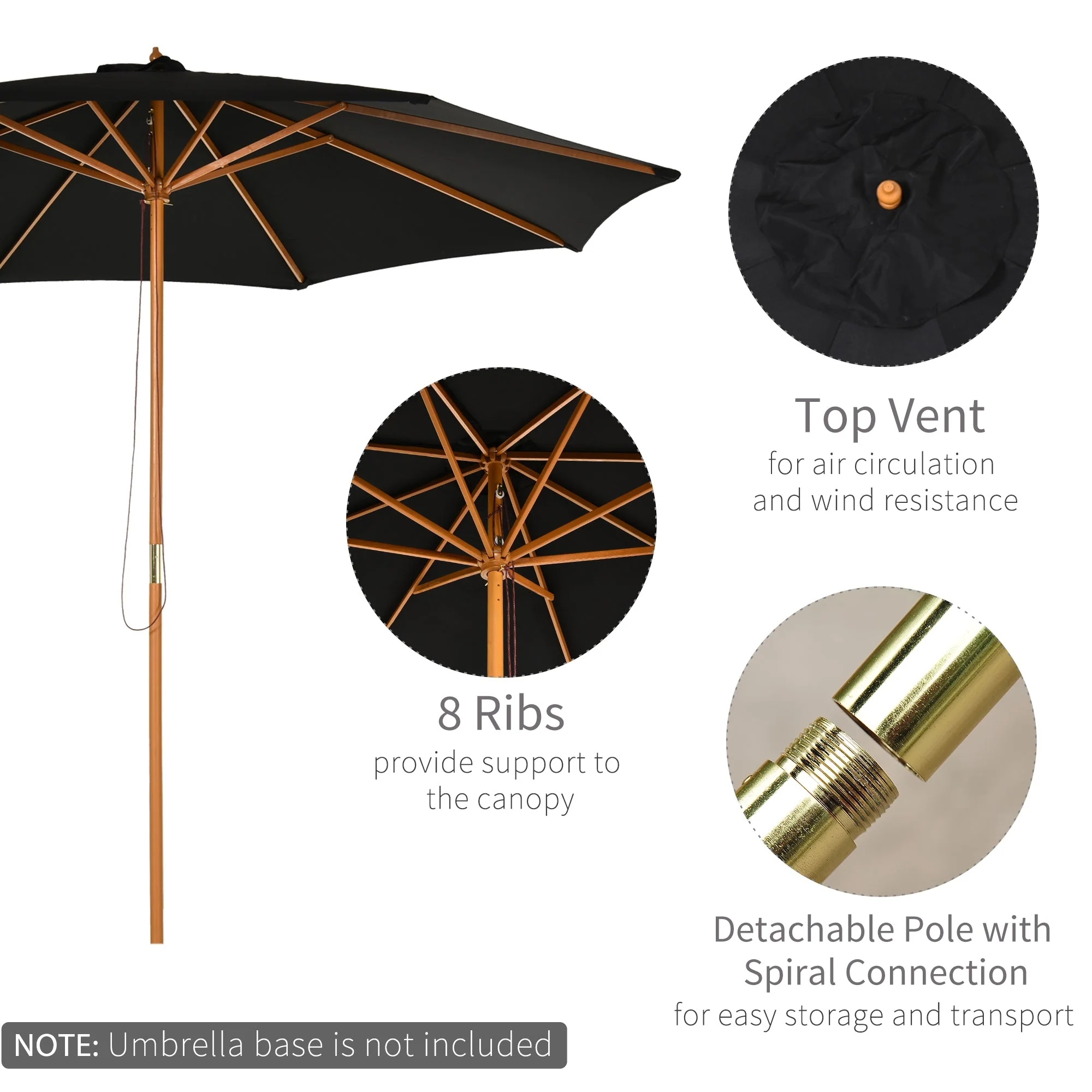 3M Fir Wooden Parasol Garden Umbrellas 8 Ribs Bamboo Sun Shade Patio Outdoor Umbrella Canopy - Image 4