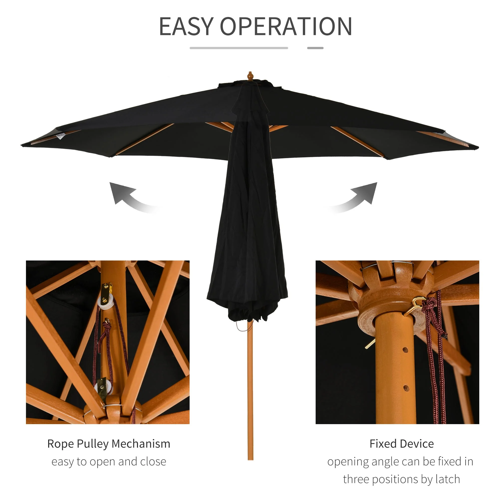 3M Fir Wooden Parasol Garden Umbrellas 8 Ribs Bamboo Sun Shade Patio Outdoor Umbrella Canopy - Image 5