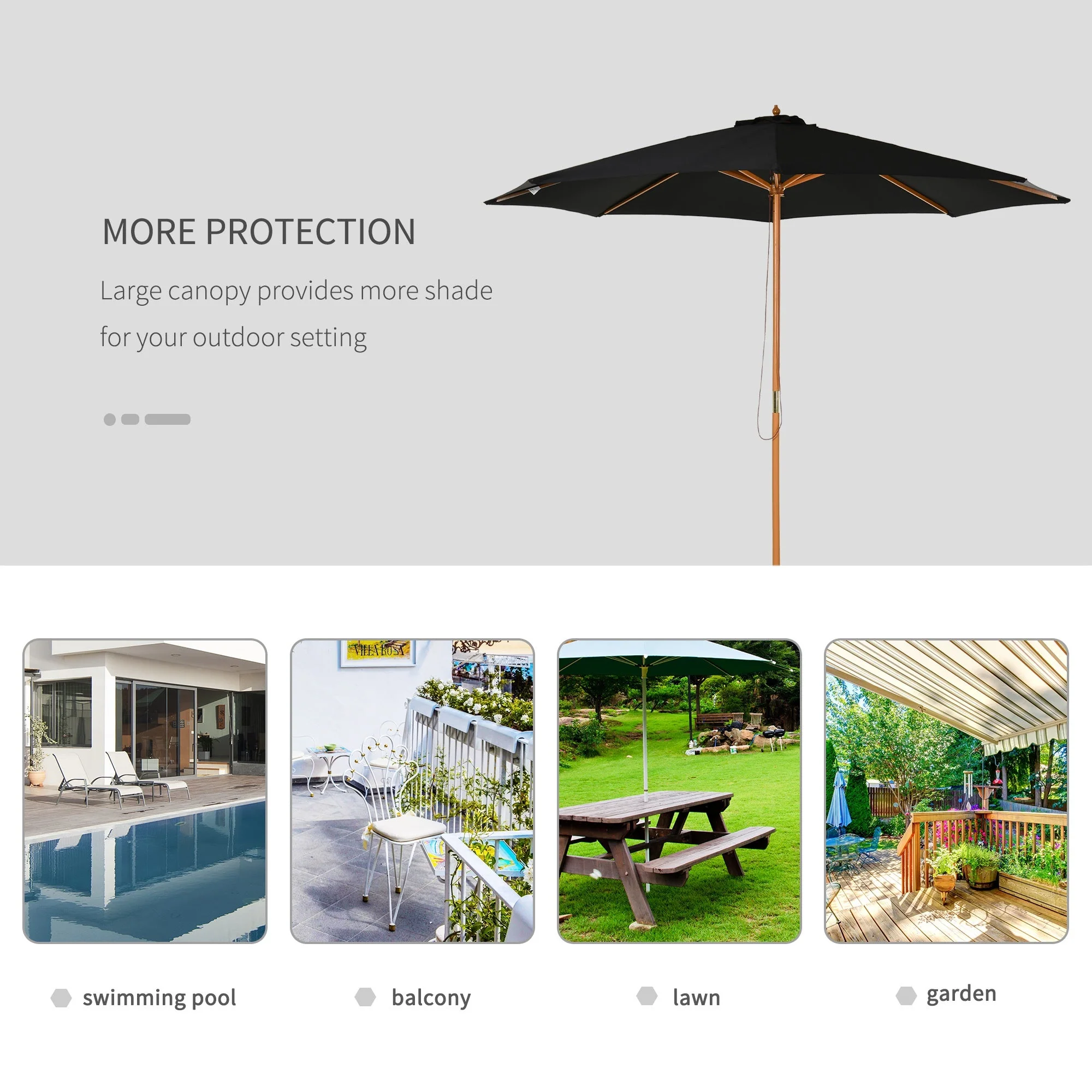 3M Fir Wooden Parasol Garden Umbrellas 8 Ribs Bamboo Sun Shade Patio Outdoor Umbrella Canopy - Image 6