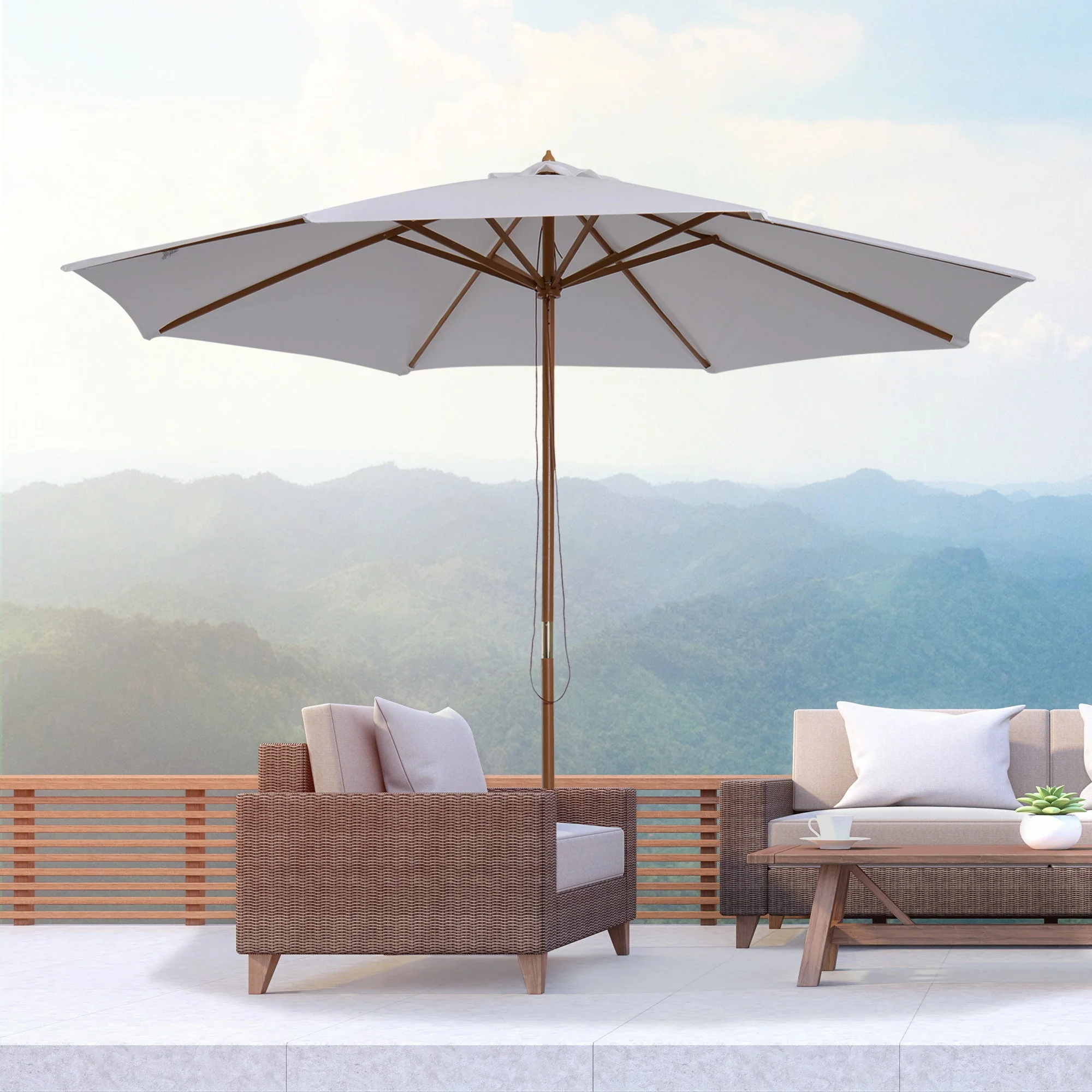 3M Fir Wooden Parasol Garden Umbrellas 8 Ribs Bamboo Sun Shade Patio Outdoor Umbrella Canopy - Image 2