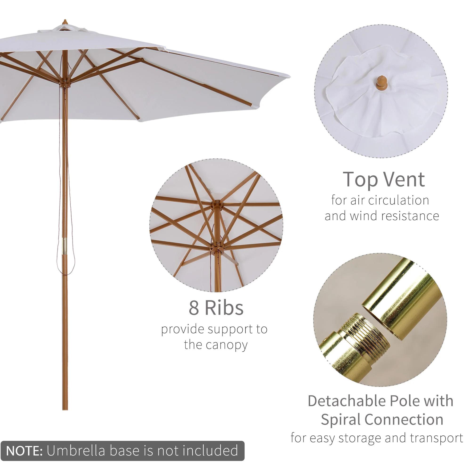 3M Fir Wooden Parasol Garden Umbrellas 8 Ribs Bamboo Sun Shade Patio Outdoor Umbrella Canopy - Image 4