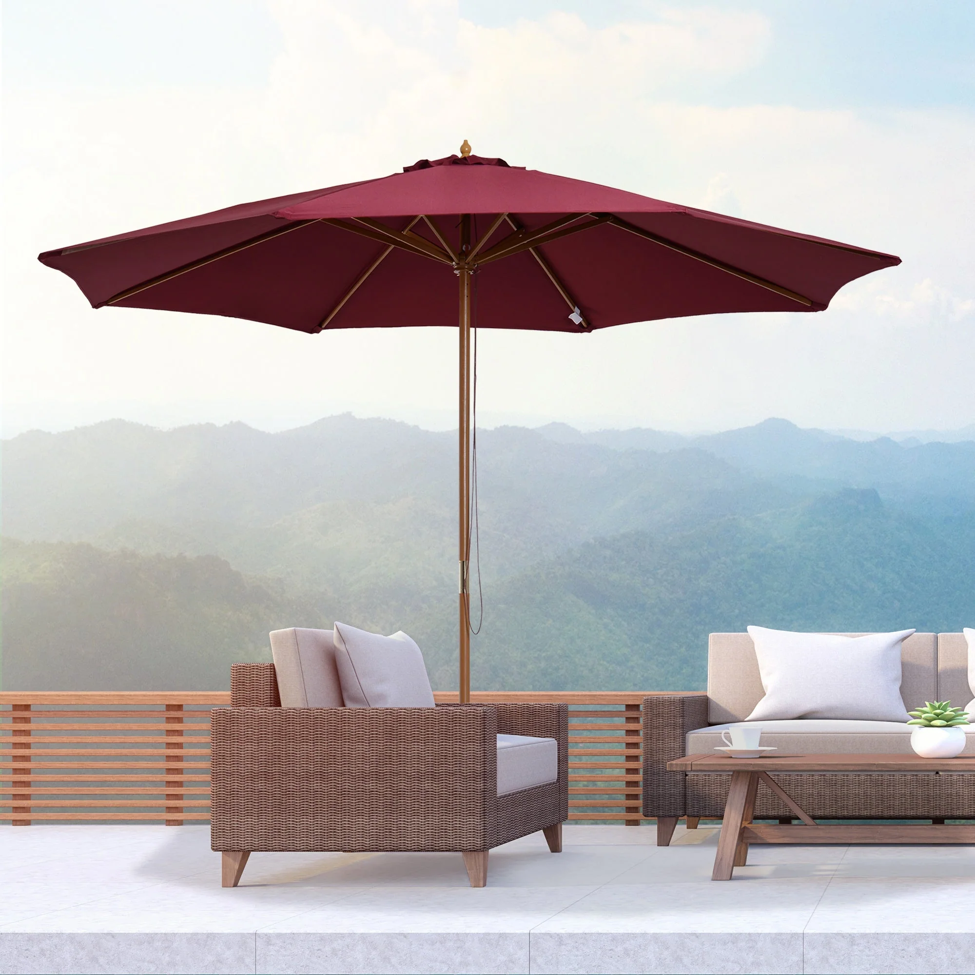 3M Fir Wooden Parasol Garden Umbrellas 8 Ribs Bamboo Sun Shade Patio Outdoor Umbrella Canopy - Image 2
