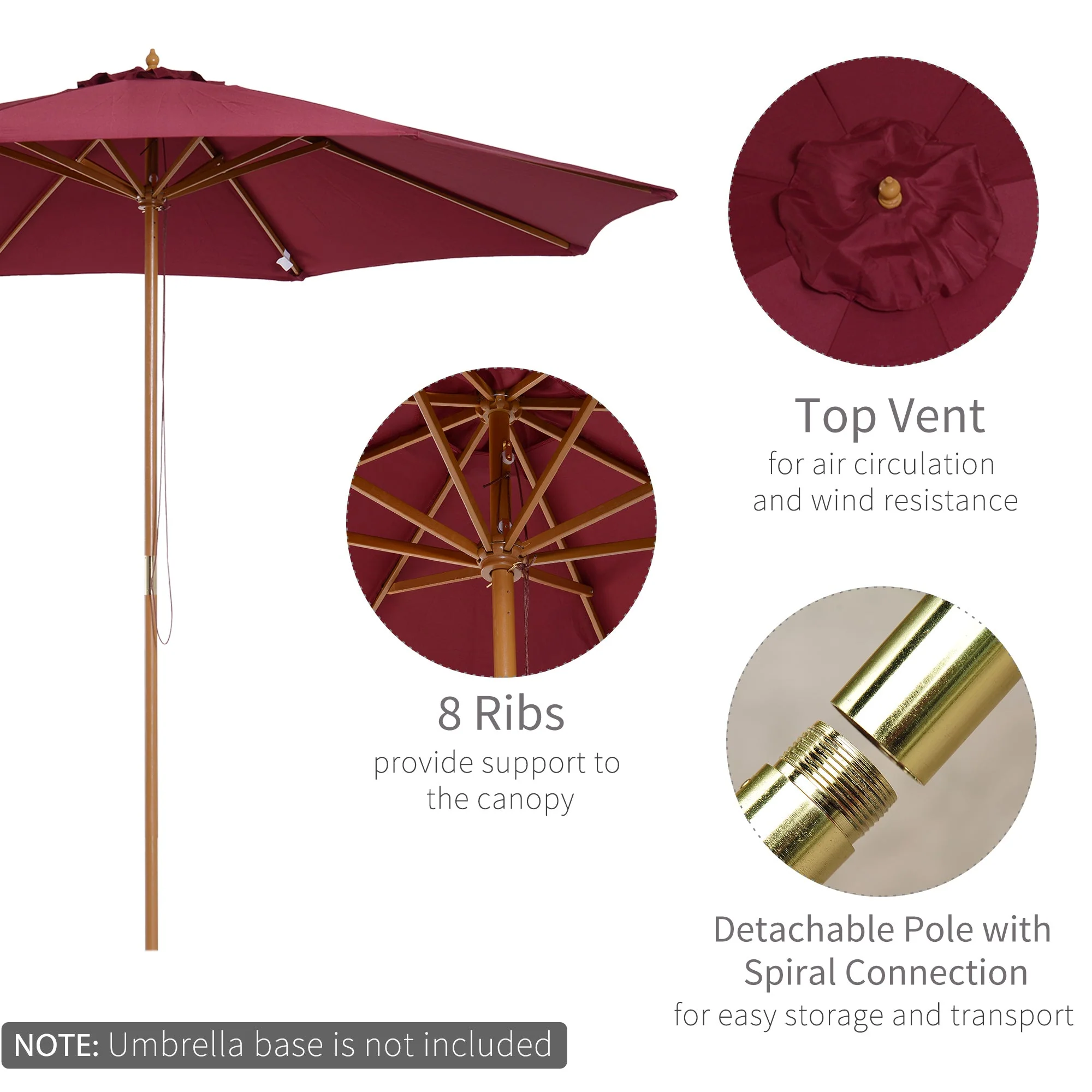 3M Fir Wooden Parasol Garden Umbrellas 8 Ribs Bamboo Sun Shade Patio Outdoor Umbrella Canopy - Image 4