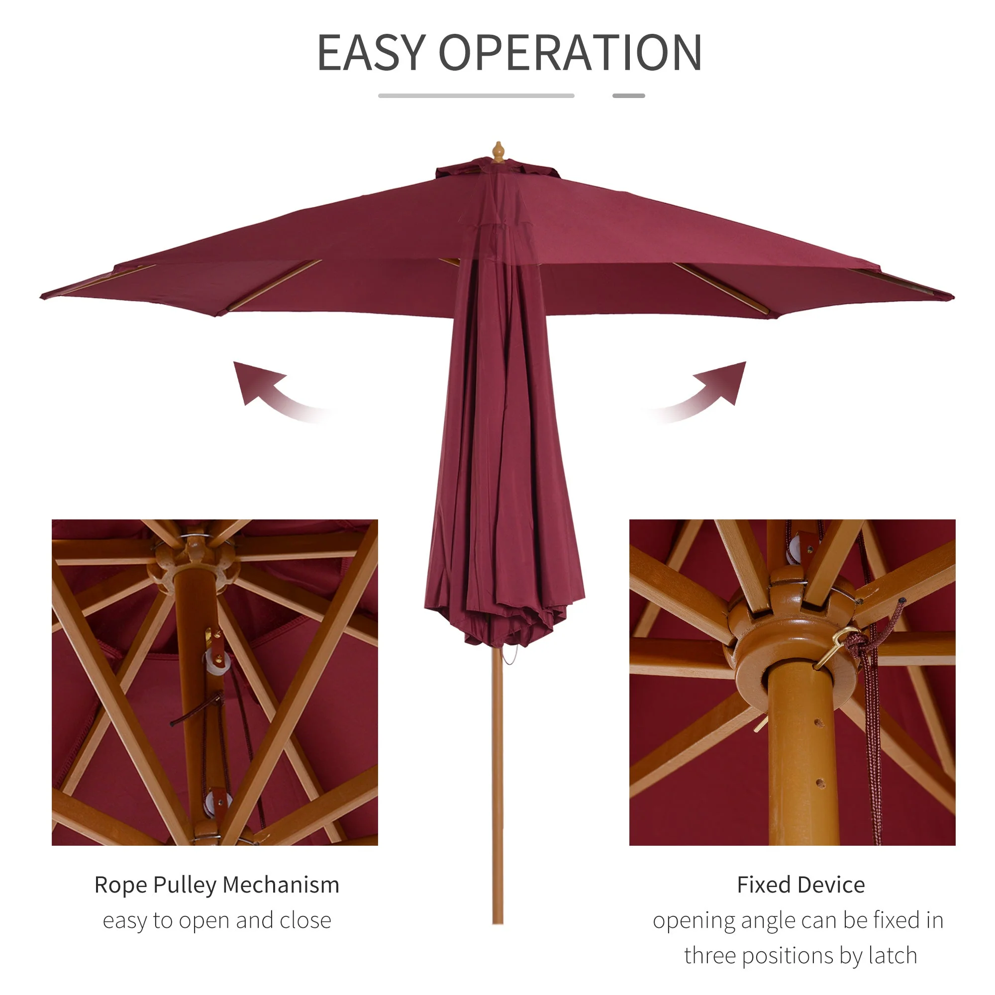 3M Fir Wooden Parasol Garden Umbrellas 8 Ribs Bamboo Sun Shade Patio Outdoor Umbrella Canopy - Image 5