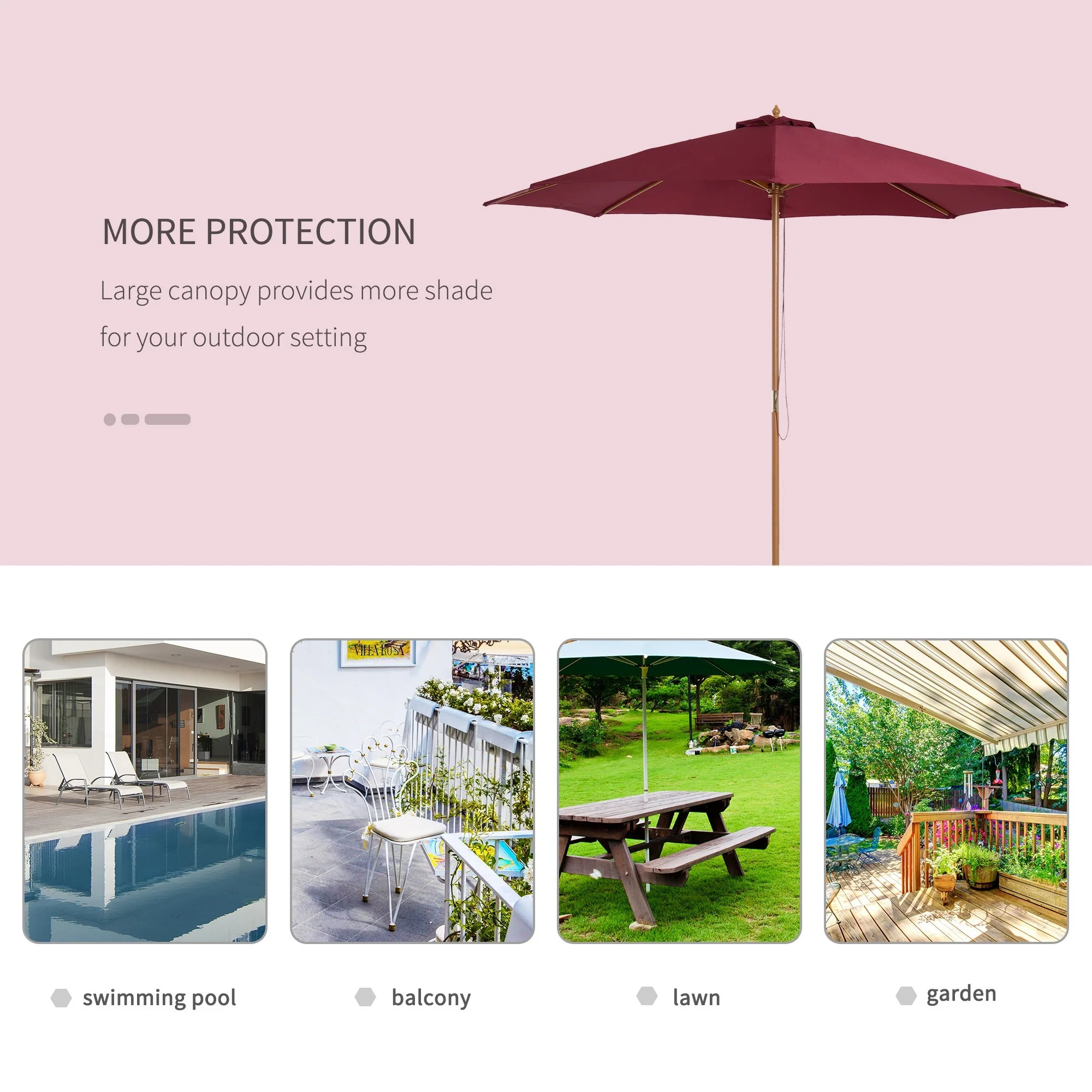 3M Fir Wooden Parasol Garden Umbrellas 8 Ribs Bamboo Sun Shade Patio Outdoor Umbrella Canopy - Image 6