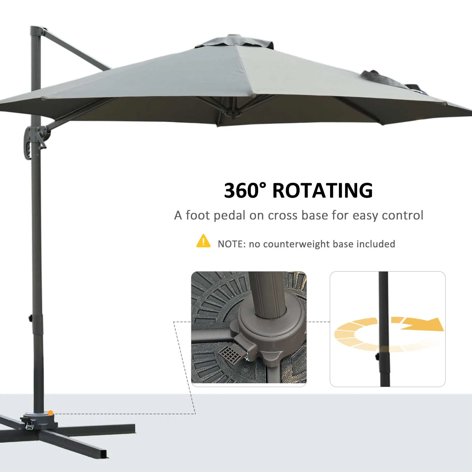 3M Offset Parasol Cantilever Hanging Umbrella 360° Rotation w/ Base Dark Grey - Image 4