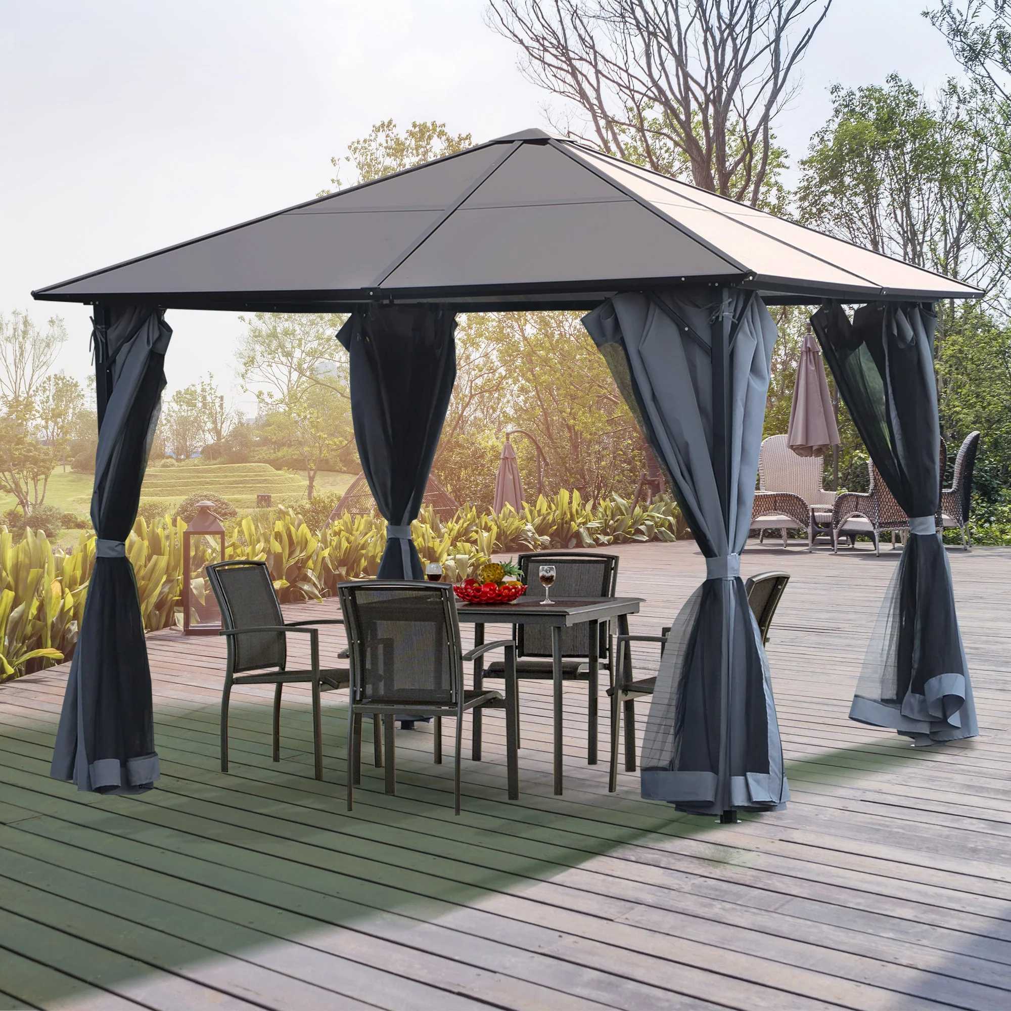 3m x 3m Hardtop Metal Frame Mesh Draped Gazebo Black - Image 2