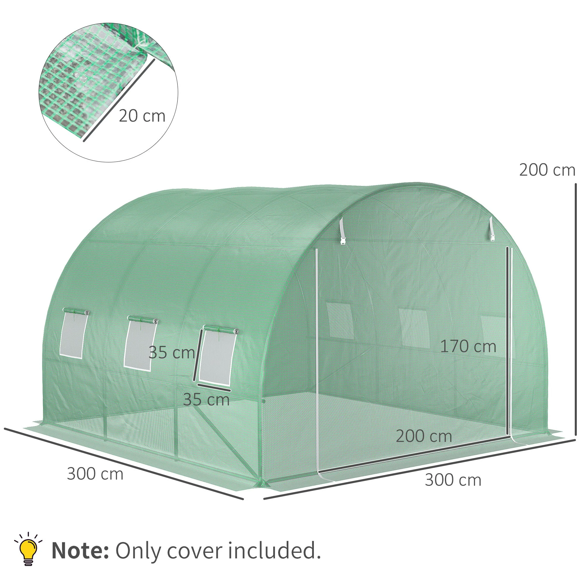 3m x 3m x 2m Greenhouse Replacement Cover ONLY Winter Garden Plant PE Cover for Tunnel Walk-in Greenhouse with Roll-up Windows Door Outdoor - Image 3