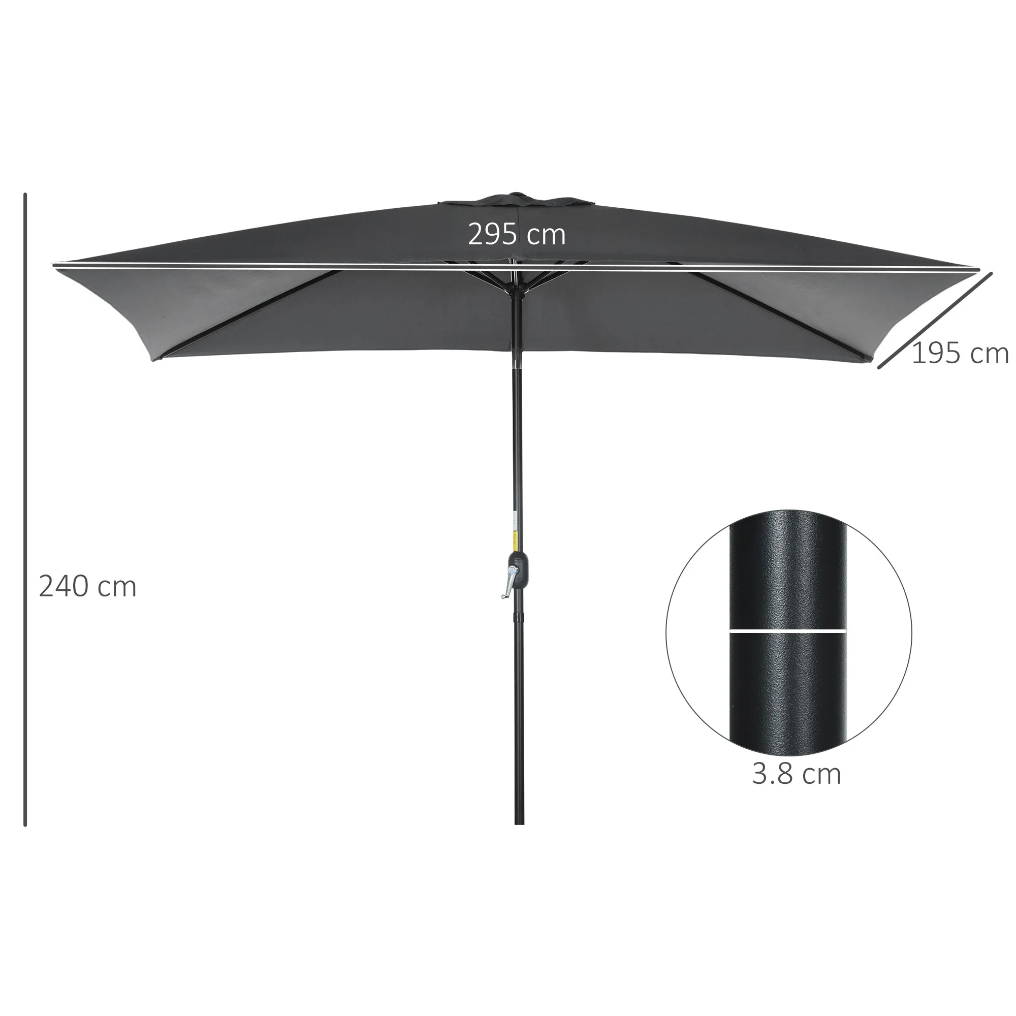 3x2m Patio Parasol Garden Umbrellas Canopy with Aluminum Tilt Crank Rectangular Sun Shade Steel - Image 3