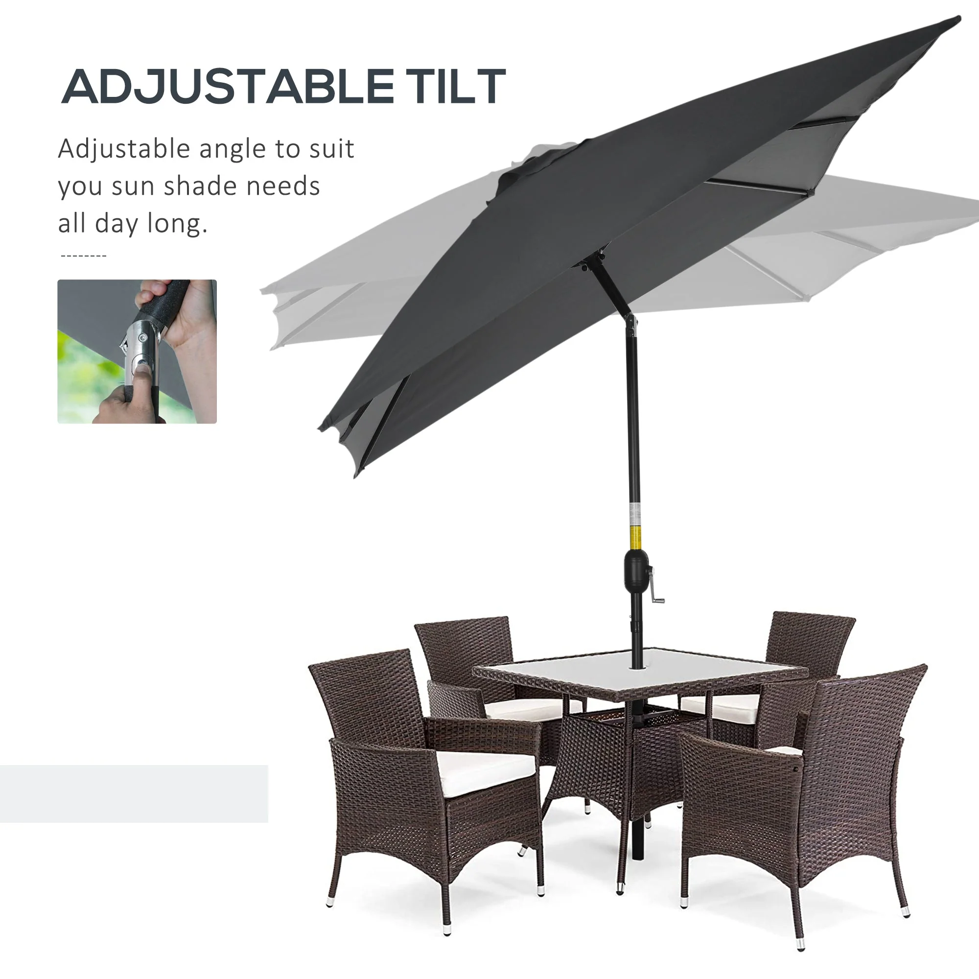 3x2m Patio Parasol Garden Umbrellas Canopy with Aluminum Tilt Crank Rectangular Sun Shade Steel - Image 4