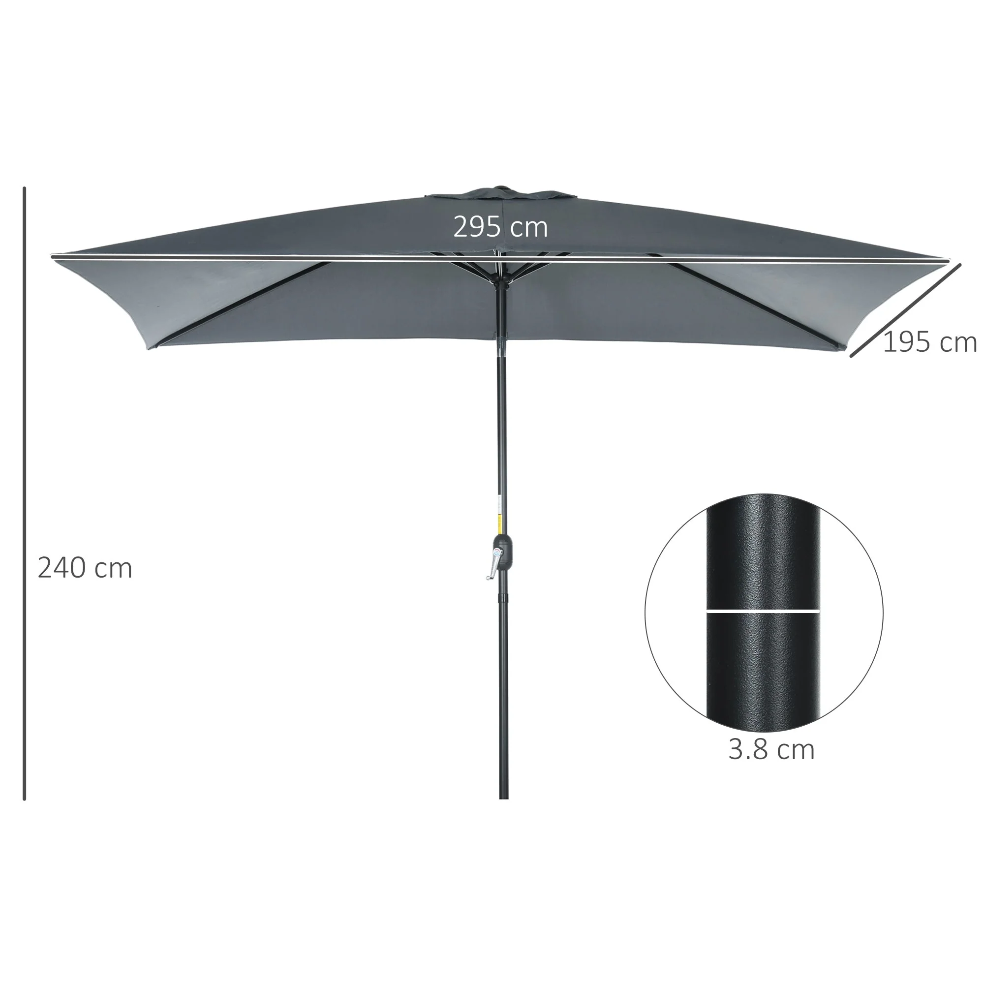 3x2m Patio Parasol Garden Umbrellas Canopy with Aluminum Tilt Crank Rectangular Sun Shade Steel - Image 3