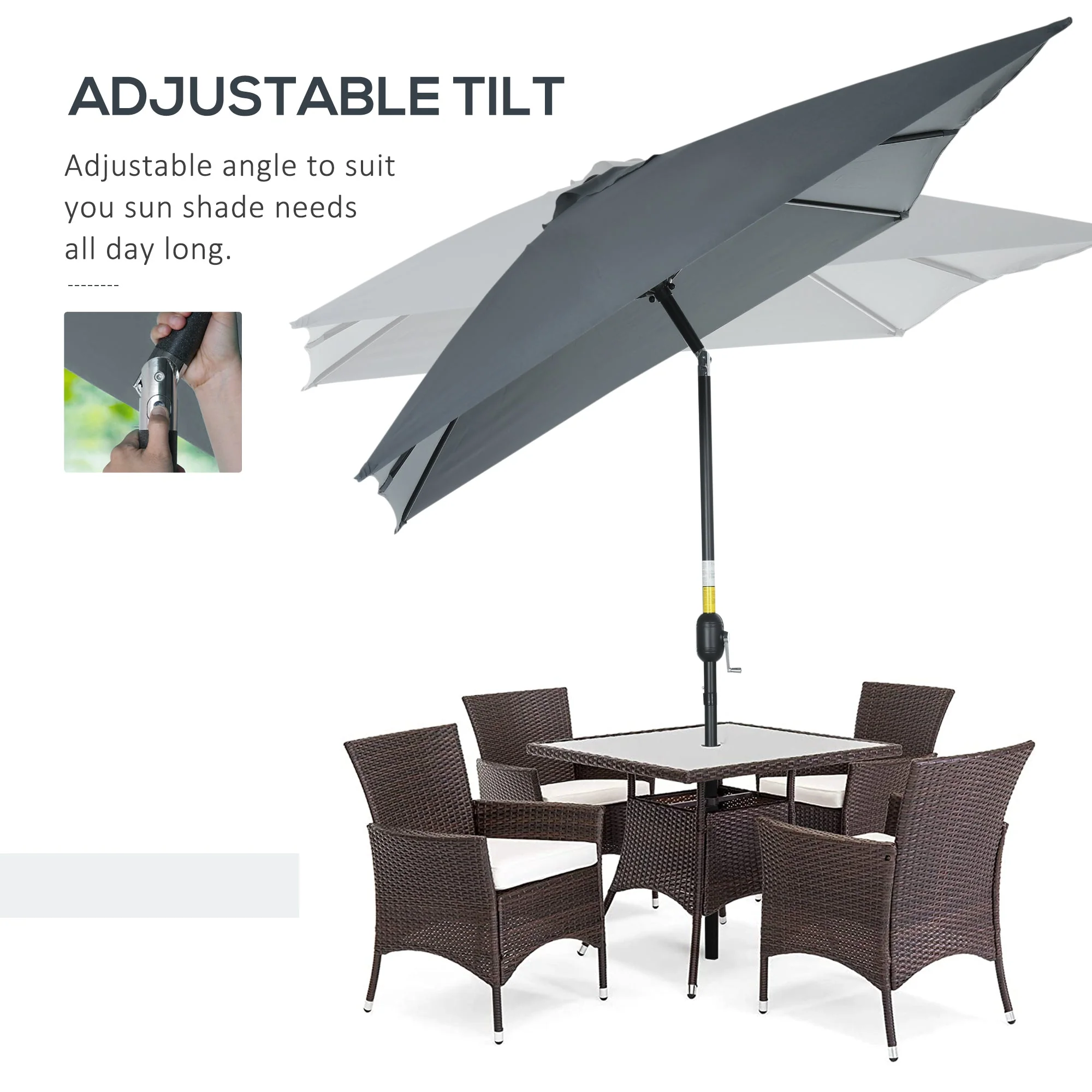 3x2m Patio Parasol Garden Umbrellas Canopy with Aluminum Tilt Crank Rectangular Sun Shade Steel - Image 4