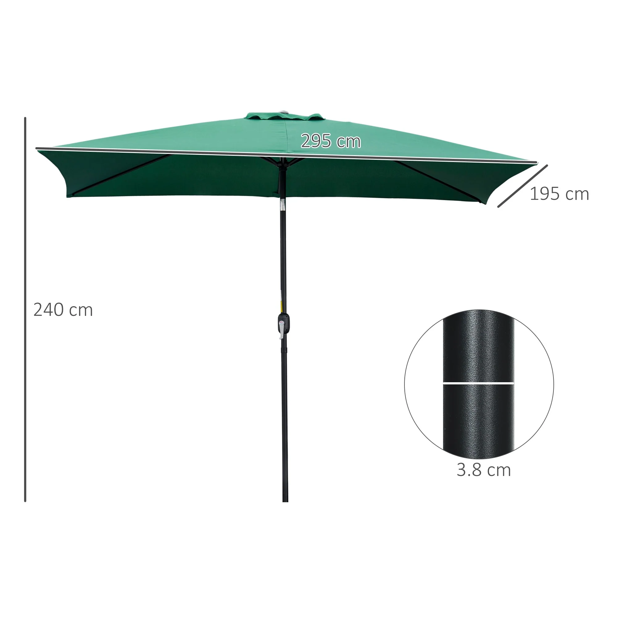 3x2m Patio Parasol Garden Umbrellas Canopy with Aluminum Tilt Crank Rectangular Sun Shade Steel - Image 3