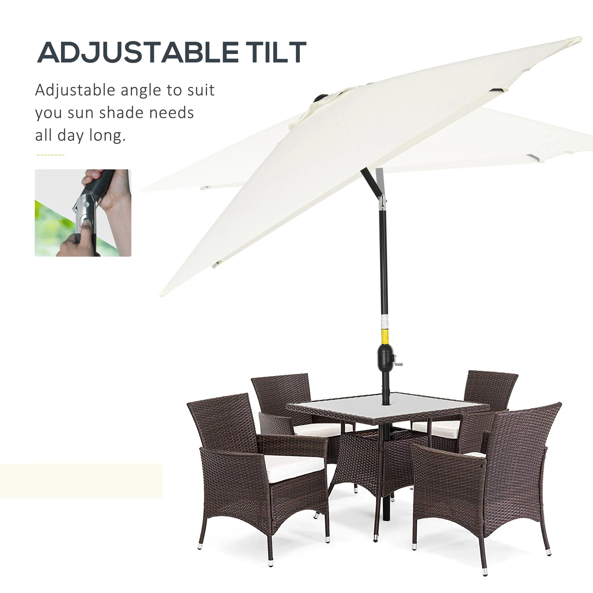 3x2m Patio Parasol Garden Umbrellas Canopy with Aluminum Tilt Crank Rectangular Sun Shade Steel - Image 4