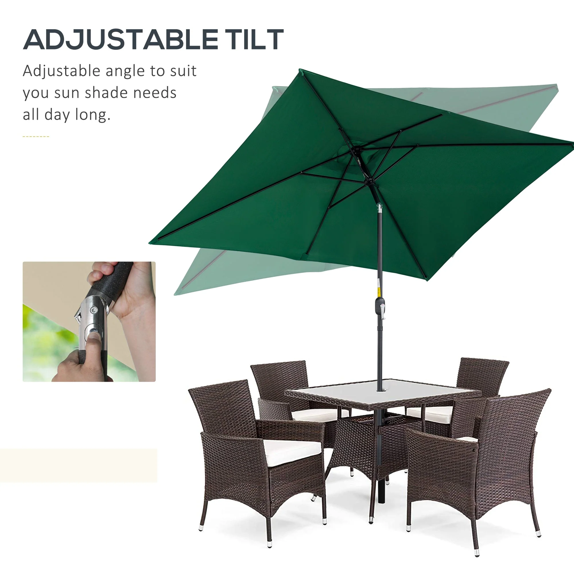 3x2m Patio Parasol Garden Umbrellas Canopy with Aluminum Tilt Crank Rectangular Sun Shade Steel - Image 4