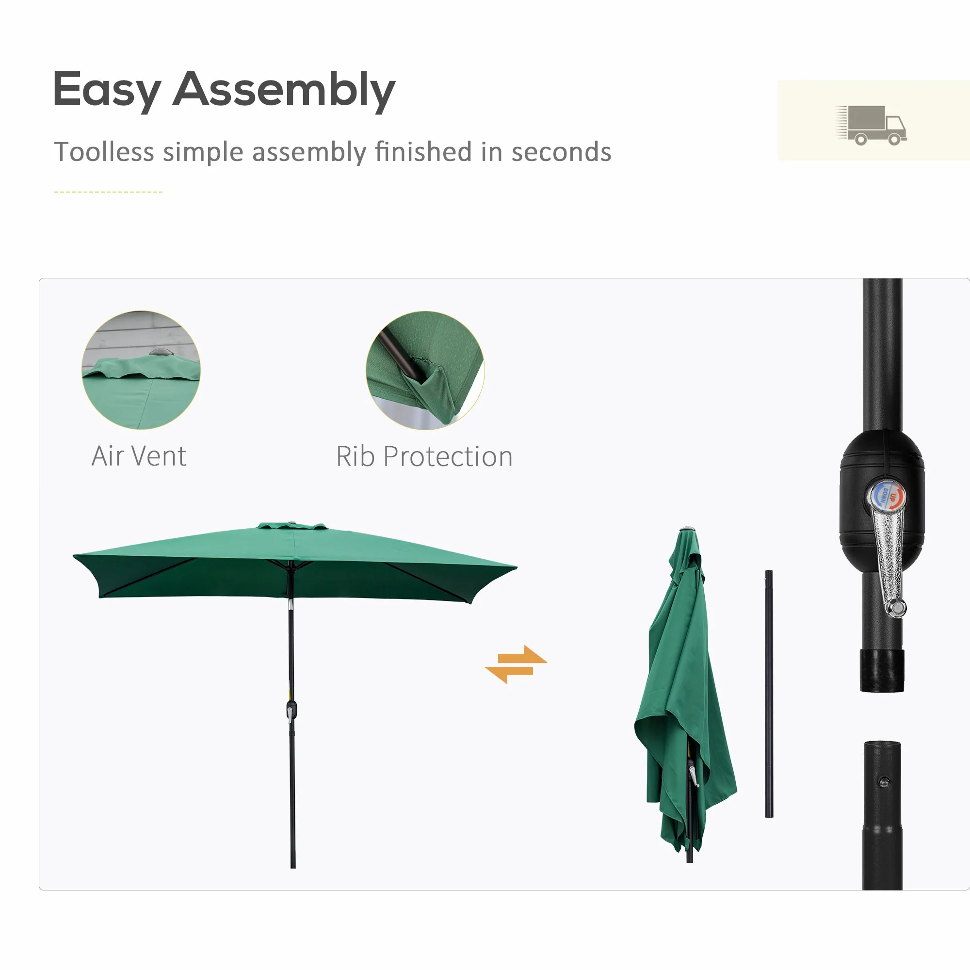 3x2m Patio Parasol Garden Umbrellas Canopy with Aluminum Tilt Crank Rectangular Sun Shade Steel - Image 6