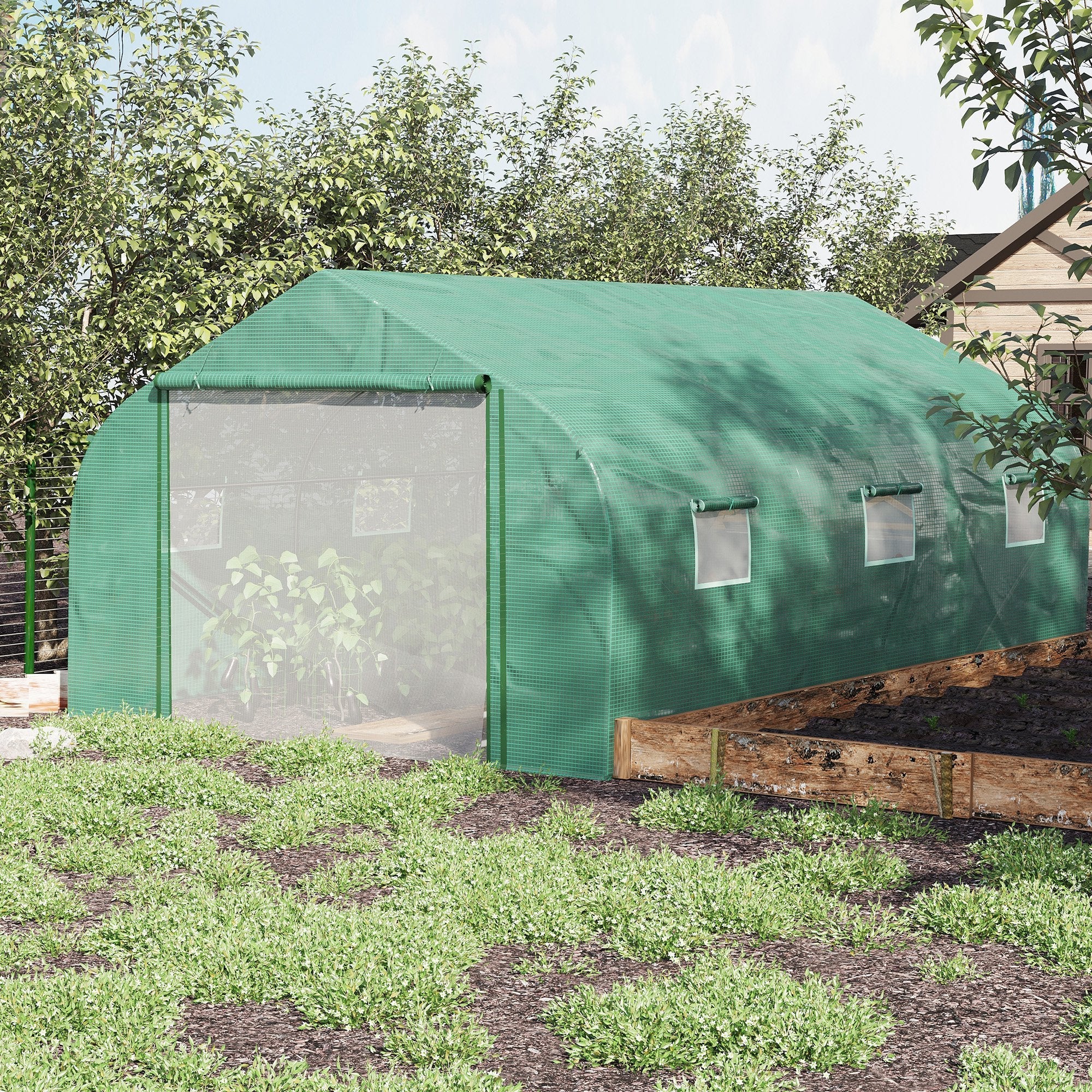 4.47 x 3 x 2m Walk-in Tunnel Greenhouse w/ Roll Up Door and 6 Windows - Image 2