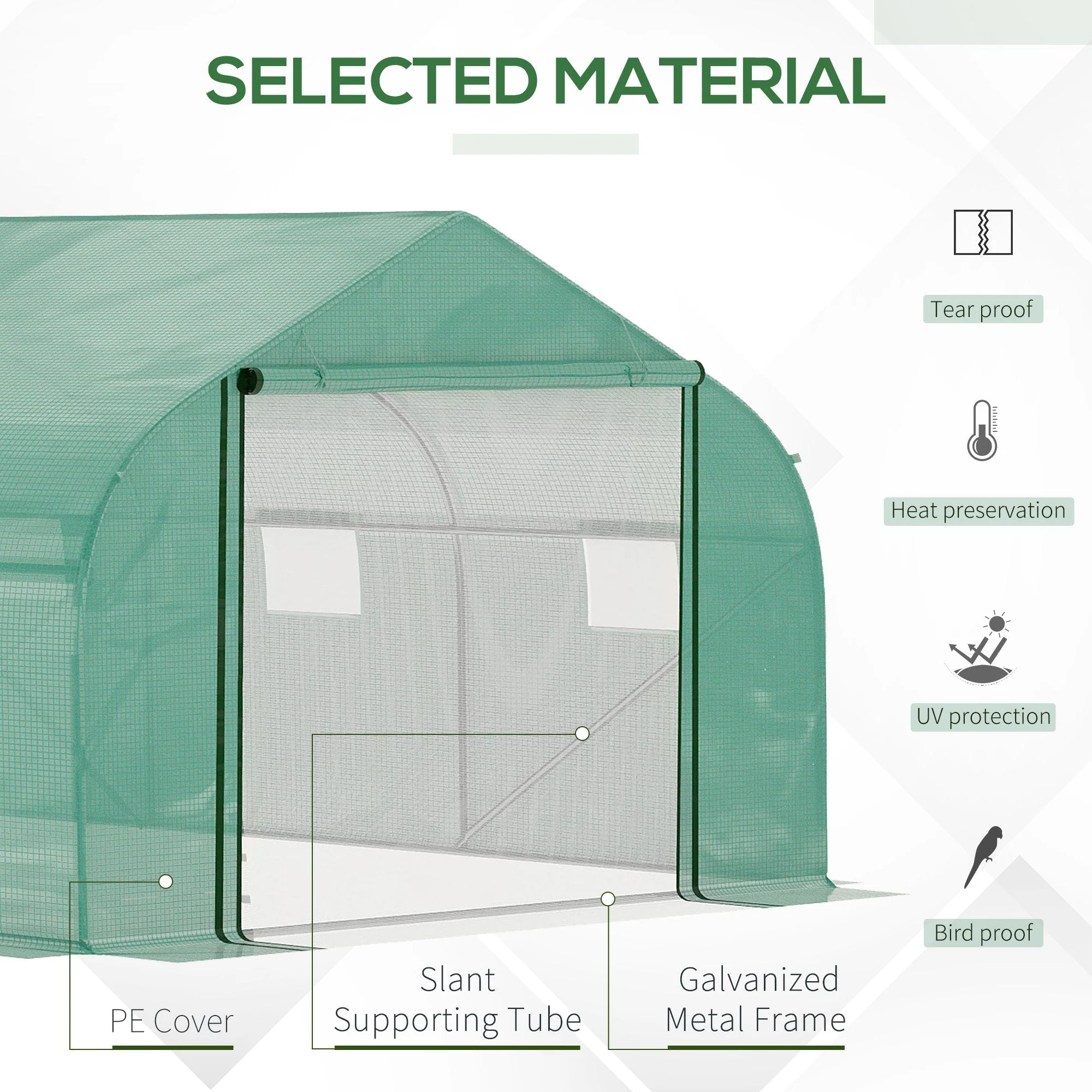 4.47 x 3 x 2m Walk-in Tunnel Greenhouse w/ Roll Up Door and 6 Windows - Image 4