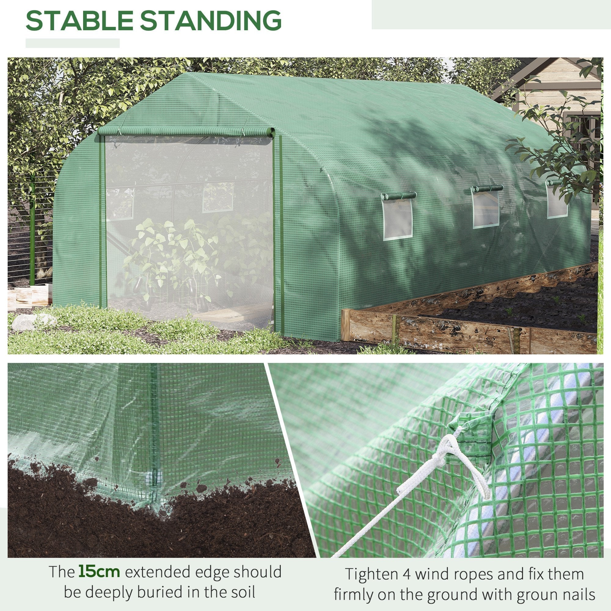 4.47 x 3 x 2m Walk-in Tunnel Greenhouse w/ Roll Up Door and 6 Windows - Image 5