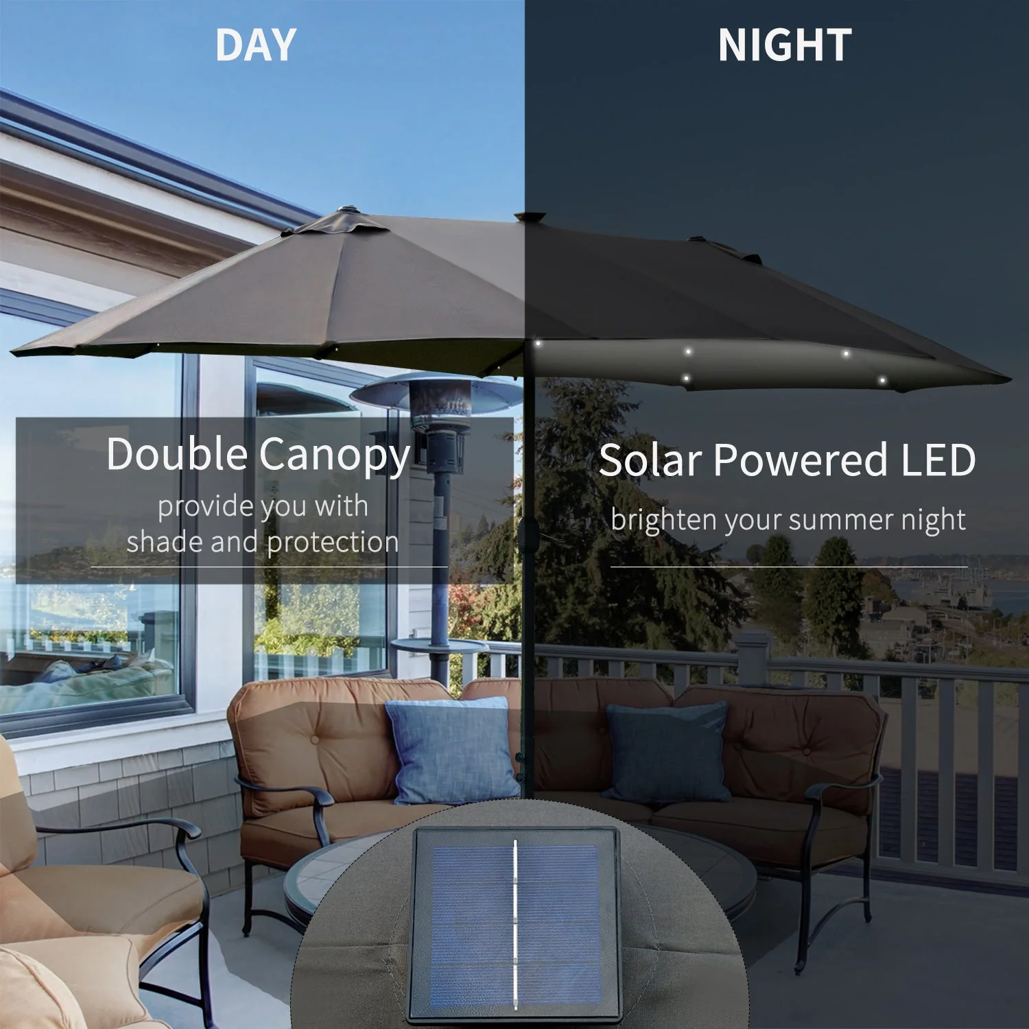 4.4m Double-Sided Sun Umbrella Patio Parasol LED Solar Lights Dark Grey - Image 4
