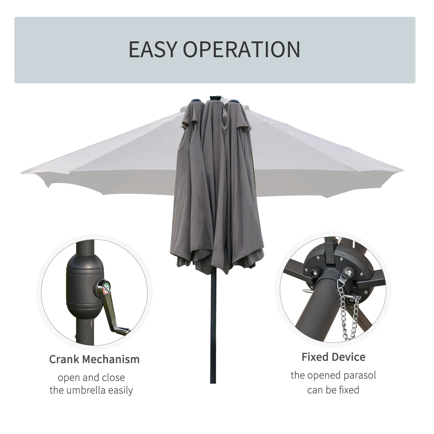 4.4m Double-Sided Sun Umbrella Patio Parasol LED Solar Lights Dark Grey - Image 5
