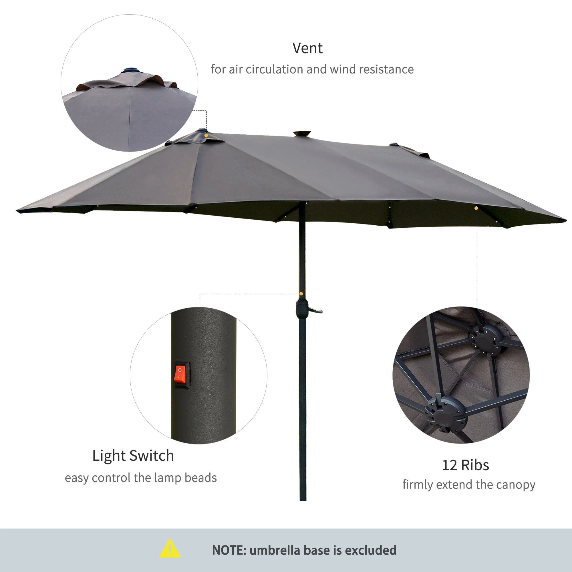 4.4m Double-Sided Sun Umbrella Patio Parasol LED Solar Lights Dark Grey - Image 6