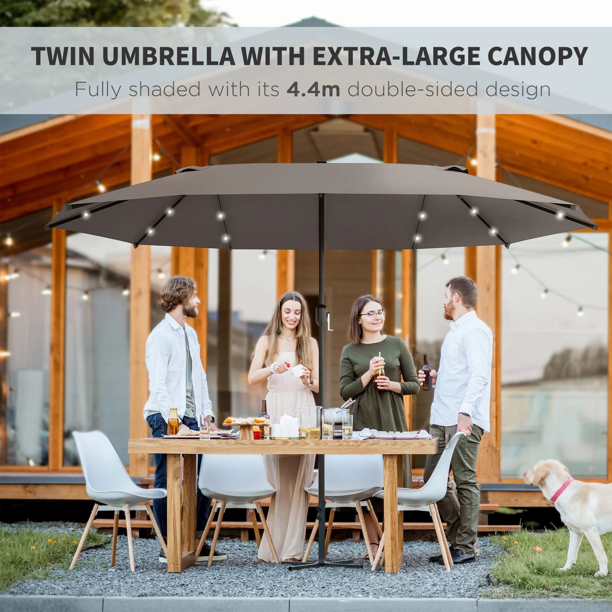 4.4m Double-Sided Sun Umbrella Patio Parasol LED Solar Lights Dark Grey - Image 7