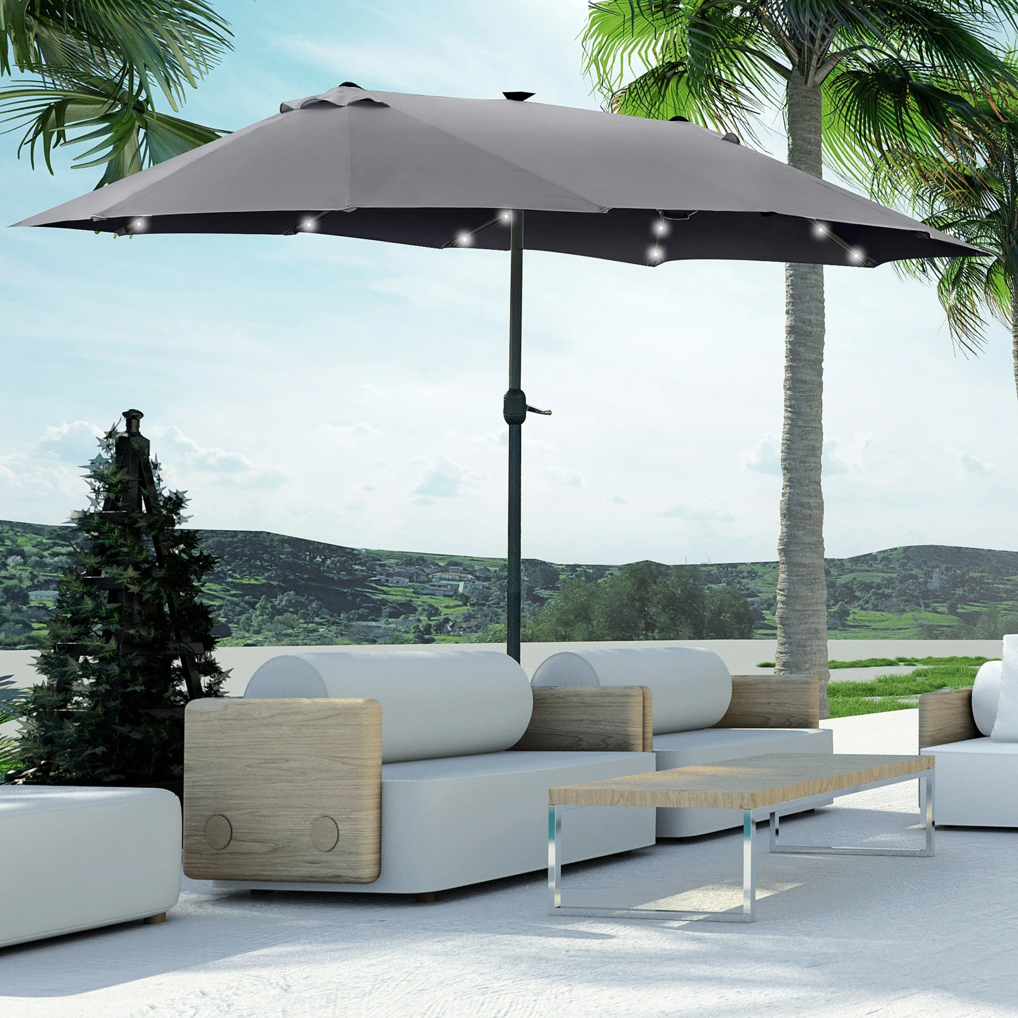 4.4m Double-Sided Sun Umbrella Patio Parasol LED Solar Lights Dark Grey - Image 8