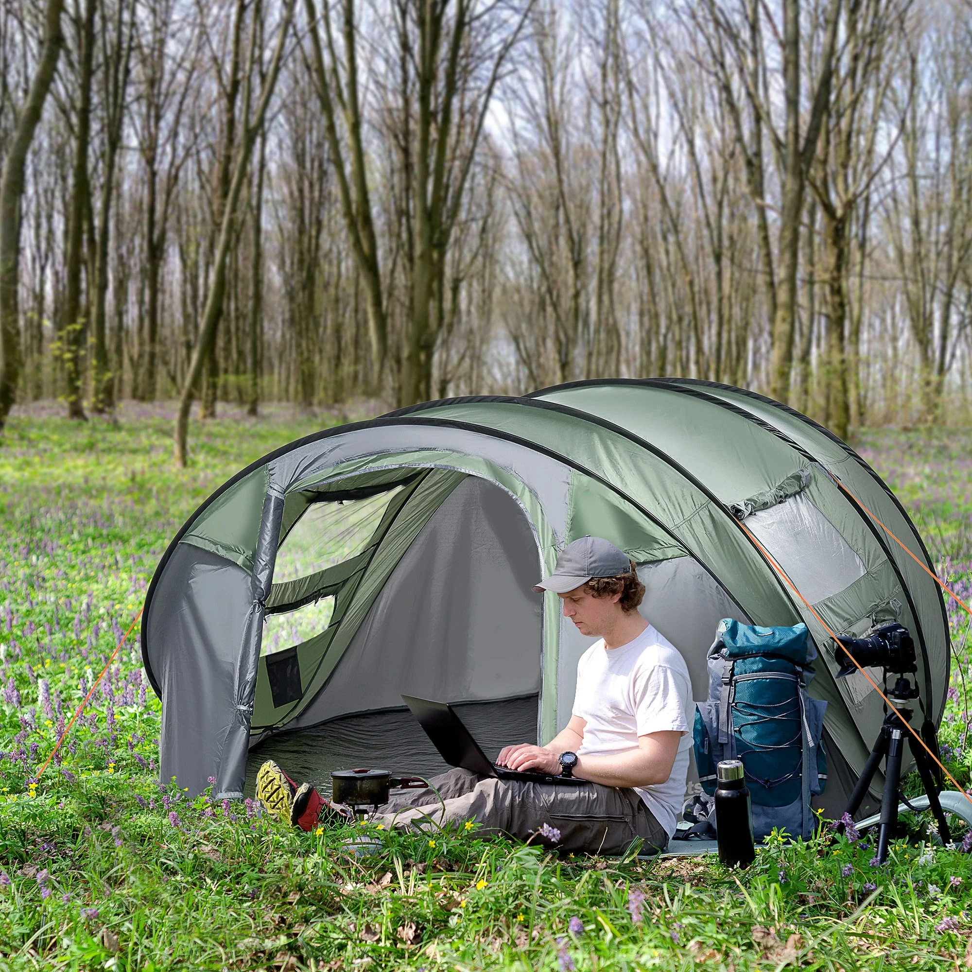 4-5 Person Pop-up Camping Tent Waterproof Family Tent w/ 2 Mesh Windows & PVC Windows Portable Carry Bag for Outdoor Trip Dark Green - Image 2