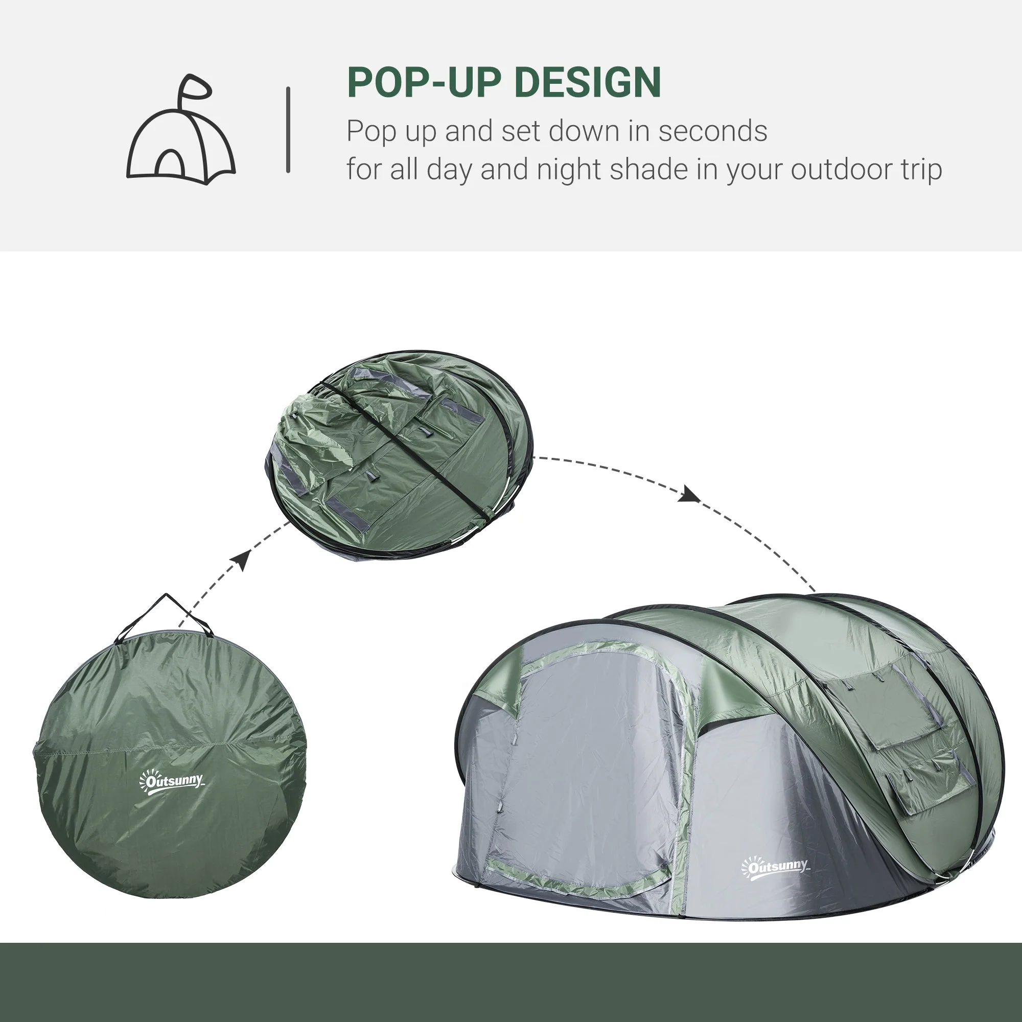 4-5 Person Pop-up Camping Tent Waterproof Family Tent w/ 2 Mesh Windows & PVC Windows Portable Carry Bag for Outdoor Trip Dark Green - Image 4